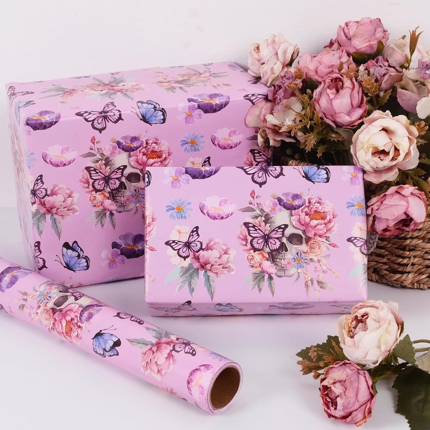 Aimyoo Gothic Wrapping Paper Roll, 17 Inch X 33 Feet Skull Floral Butterfly Design Gift Wrap Paper for Mother's Day, Birthday Bridal Shower