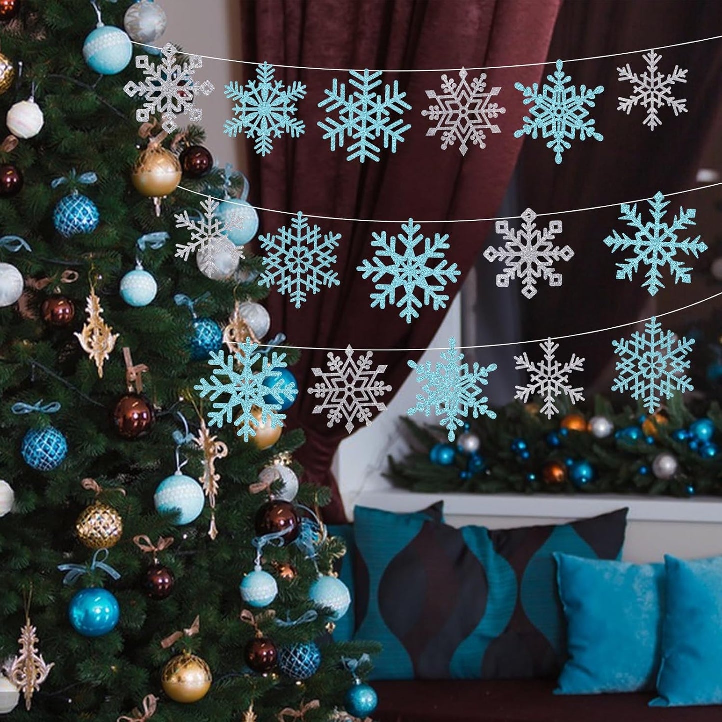 Winter Snowflake Cutouts - Glitter Paper Snowflake Decorations - 50Pcs Blue & Silver Double-Side Christmas Cutouts for Holiday Winter Wonderland Bulletin Board, Frozen Party Decor