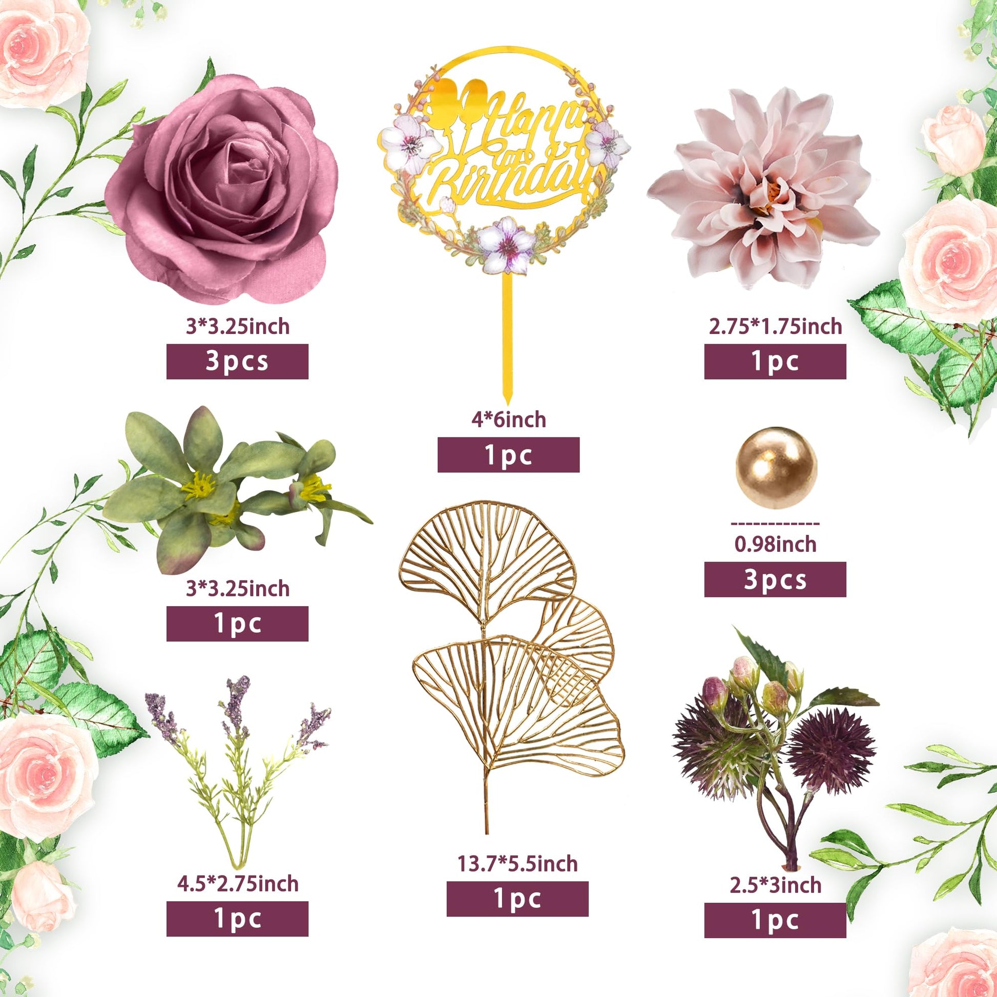 Flower Cake Toppers Happy Birthday Cake Toppers with Artificial Purple Rose Flowers Eucalyptu
