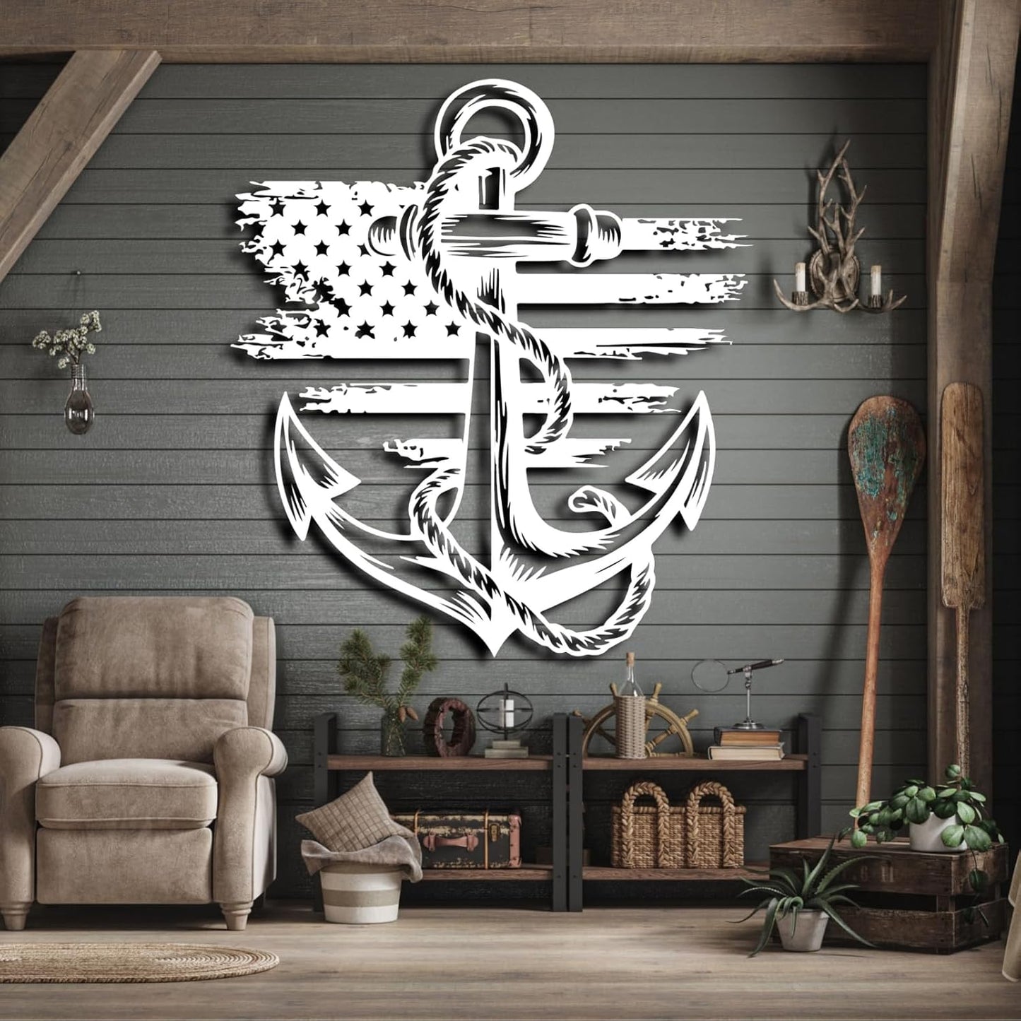 lunwall Metal Anchor Wall Decor, Anchor Metal Sign, Metal Anchor Decor, Anchor Metal Wall Art, Metal Nautical Wall Decor, Metal Wall Decor Coastal, Anchor Wall Decor (white, 28L x 25W / 70 x 63 cm)