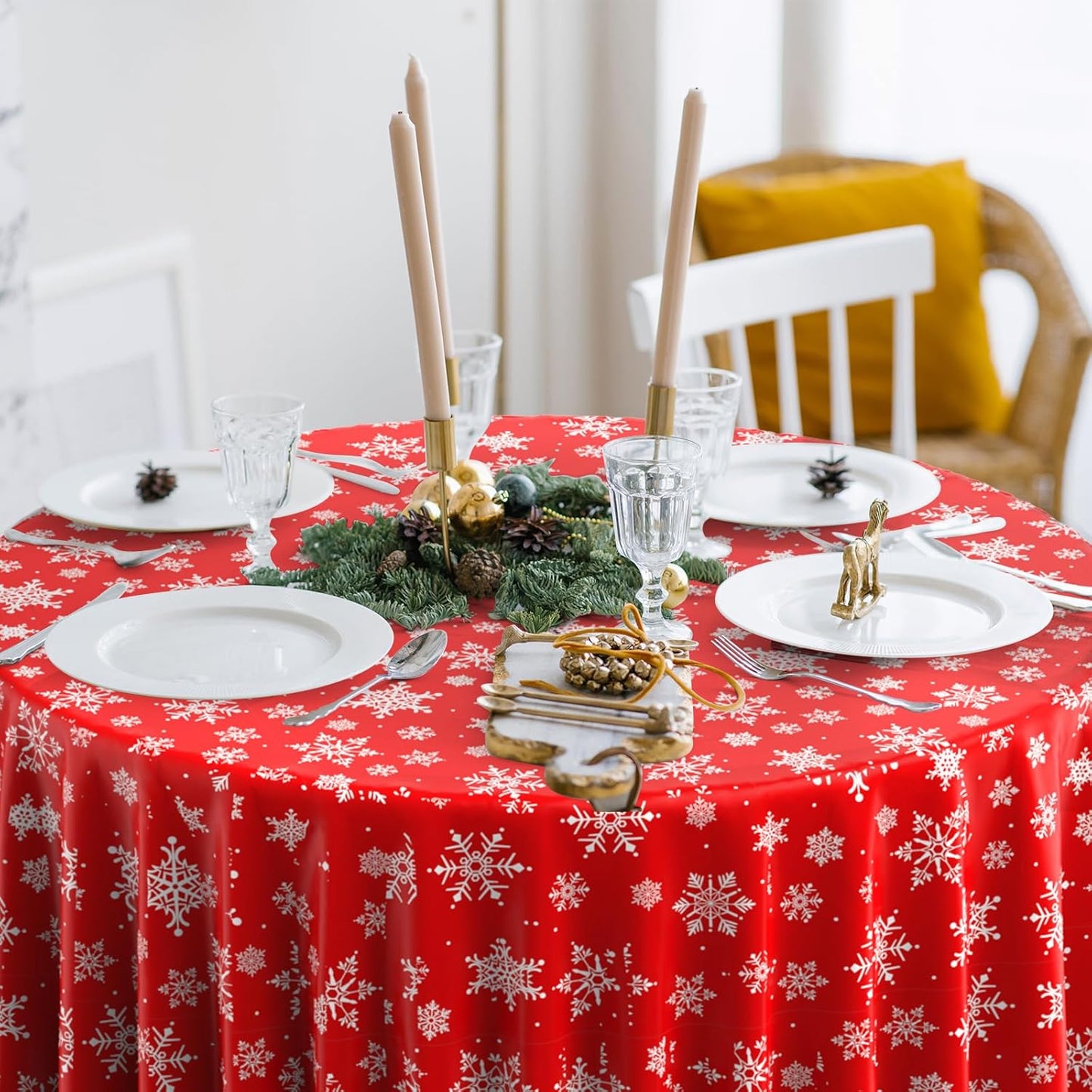 6 Pieces Christmas Snowflake Plastic Party Tablecloth Decorations, Disposable White Snowflake Red Xmas Round Table Cover Backdrop for Winter Christmas Holiday New Year Party Supplies,84 inch (Red)