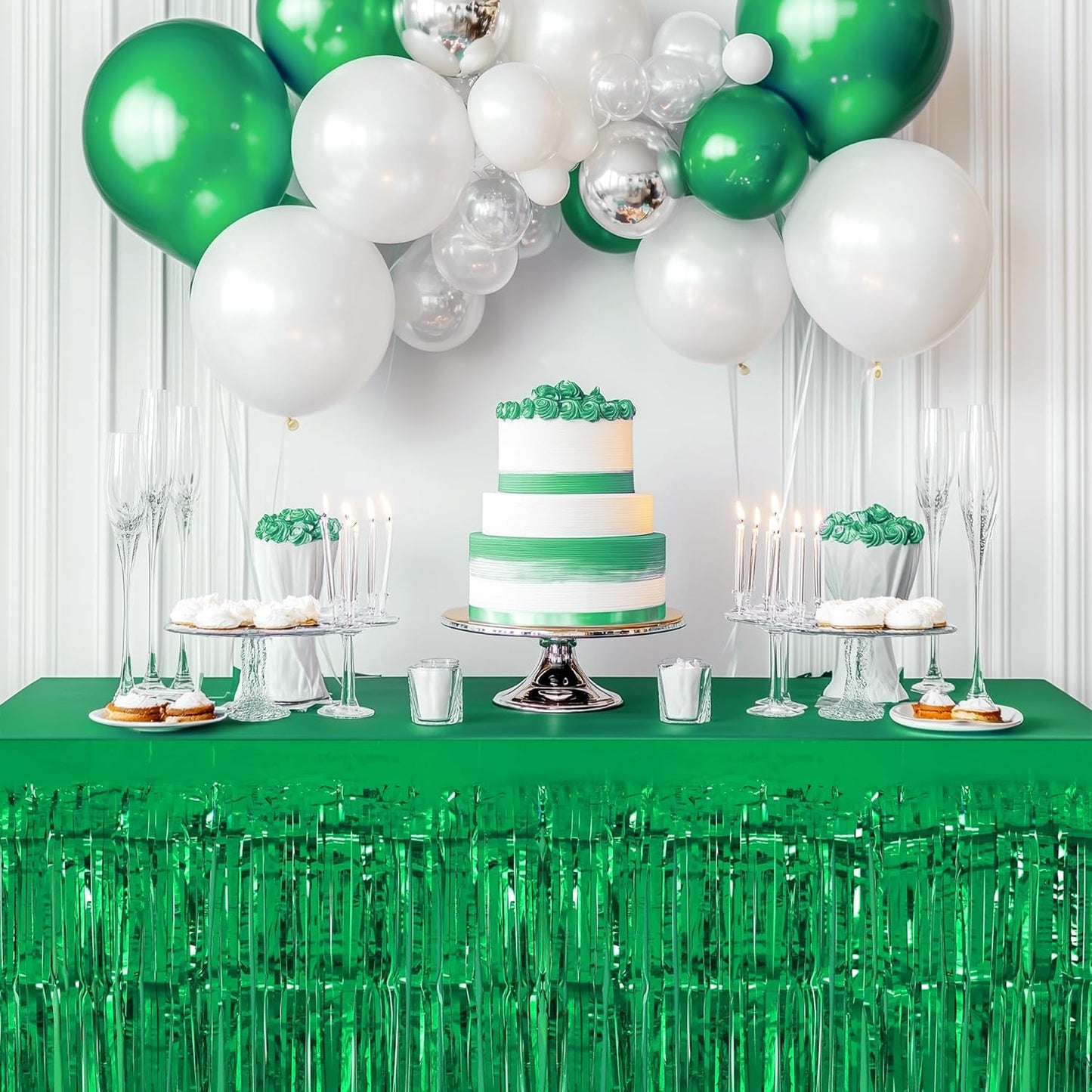 3 Pack Red Green Silver Table Skirts, 29x108" Metallic Foil Tinsel Fringe Table Skirt for Rectangle Tables Streamer Curtains Backdrop, Party Decorations for Birthdays, Weddings, Holidays