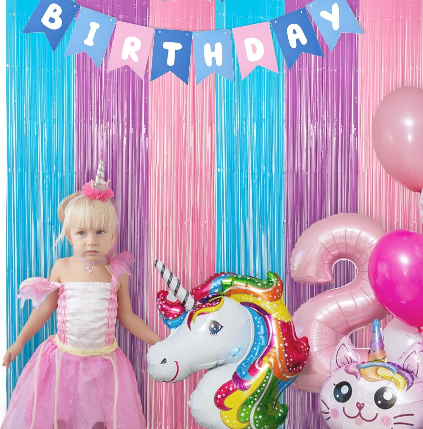 Blue Purple Pink Tinsel Backdrop - GREATRIL Pastel Foil Fringe Curtain Streamers for Pony Theme Birthdays Mermaid Shower Unicorn Girls Party Decorations 2 Packs