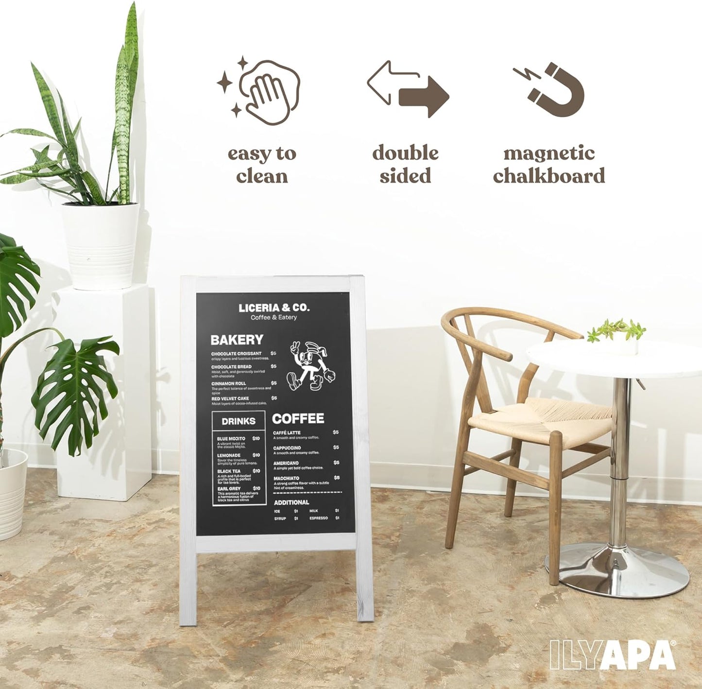 Ilyapa Wooden A-Frame Sign with Eraser & Chalk - 40 x 20 Inches Magnetic Sidewalk Chalkboard – White Menu Display for Restaurant, Business Or Wedding