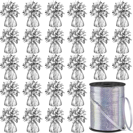 24 Pcs Balloon Weights Metallic Anchor Balloon Holder for Helium Balloons Heavy Table Weights and 1 Roll Iridescent Crimped Ribbon for Birthday Wedding Halloween Christmas Party(Silver)