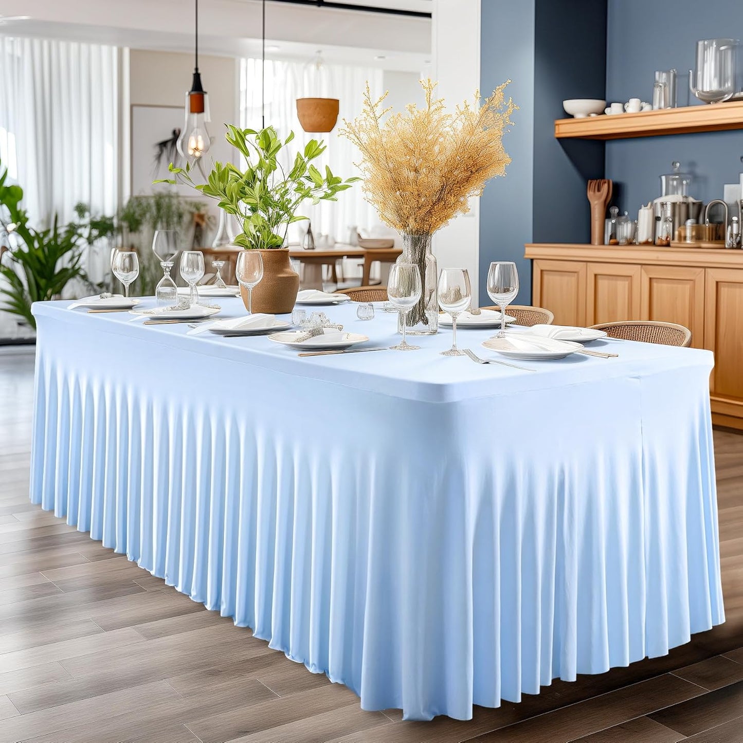 2 Pack Baby Blue Spandex Table Clothes for 6 Foot Rectangle Tables, 6FT Wrinkle Free Fitted Tablecloths Ruffles Design Table Cover for Party, Banquet, Wedding and Events