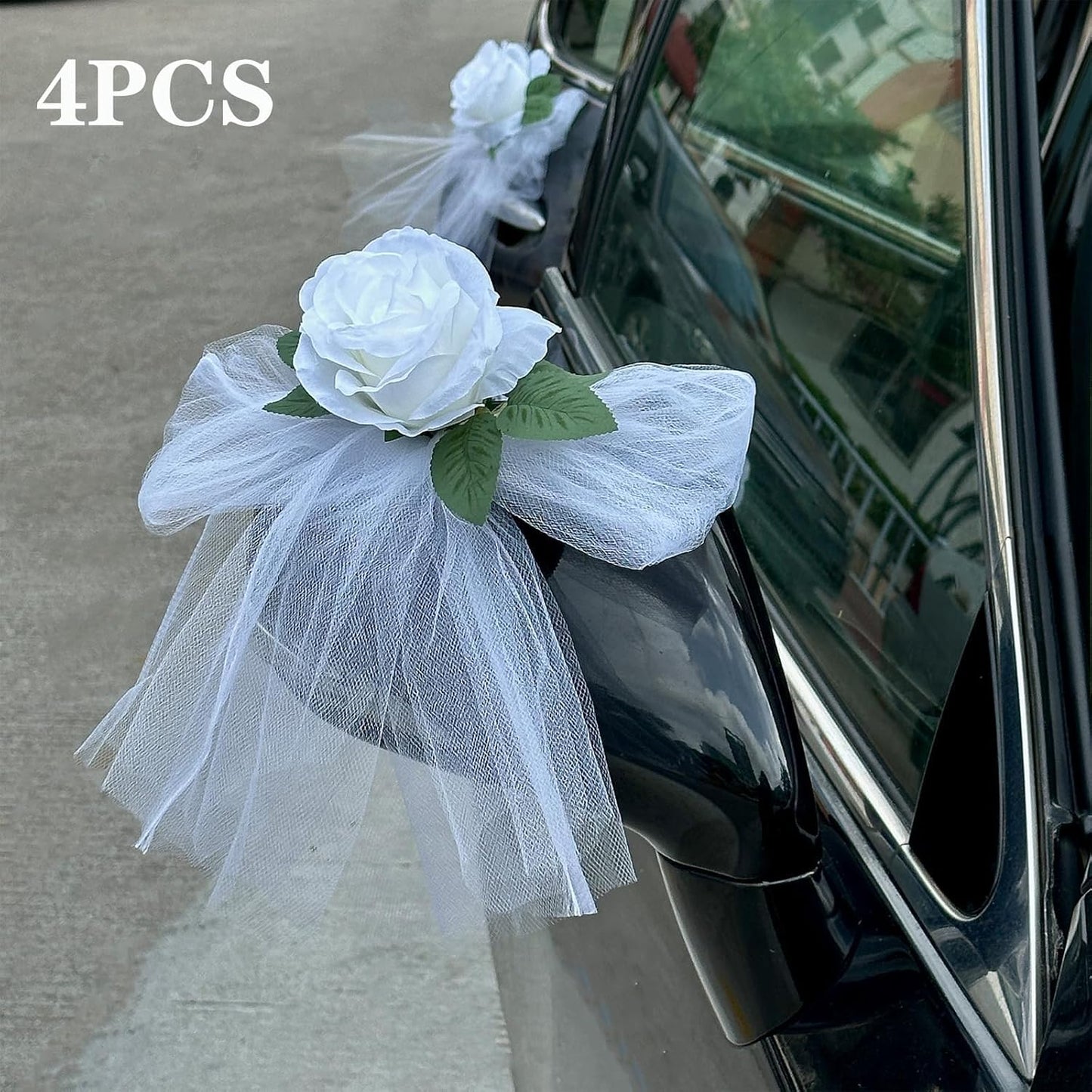 Elegant White Rose Wedding Car Door Handle Decoration – 12cm Artificial Flower with Leaf, White Tulle Bow & Suction Cup Attachment – Set of 4 for Bridal Vehicle Décor