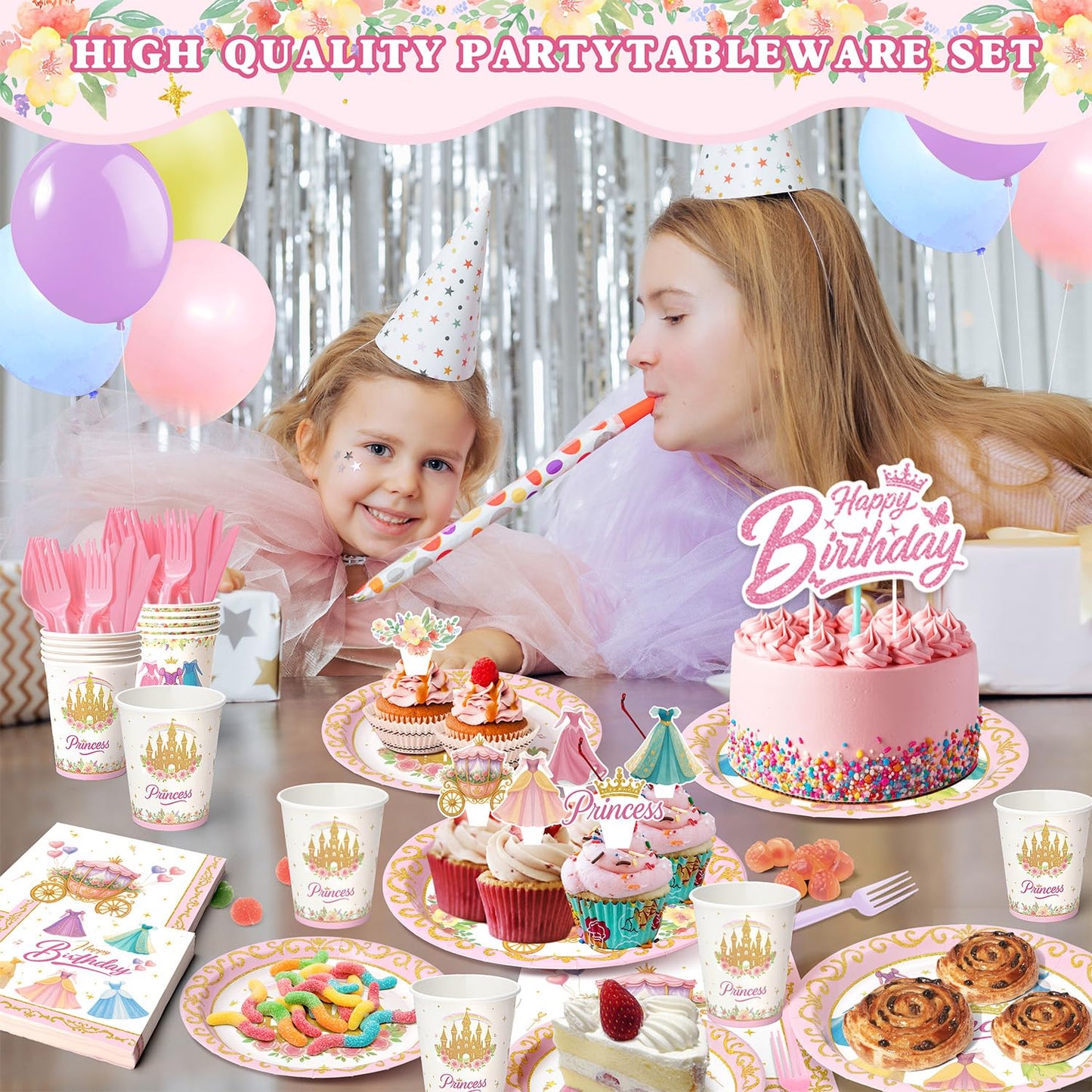 Princess Birthday Party Decorations – 199 PCS Princess Party Supplies for 24 Guests, Includes
