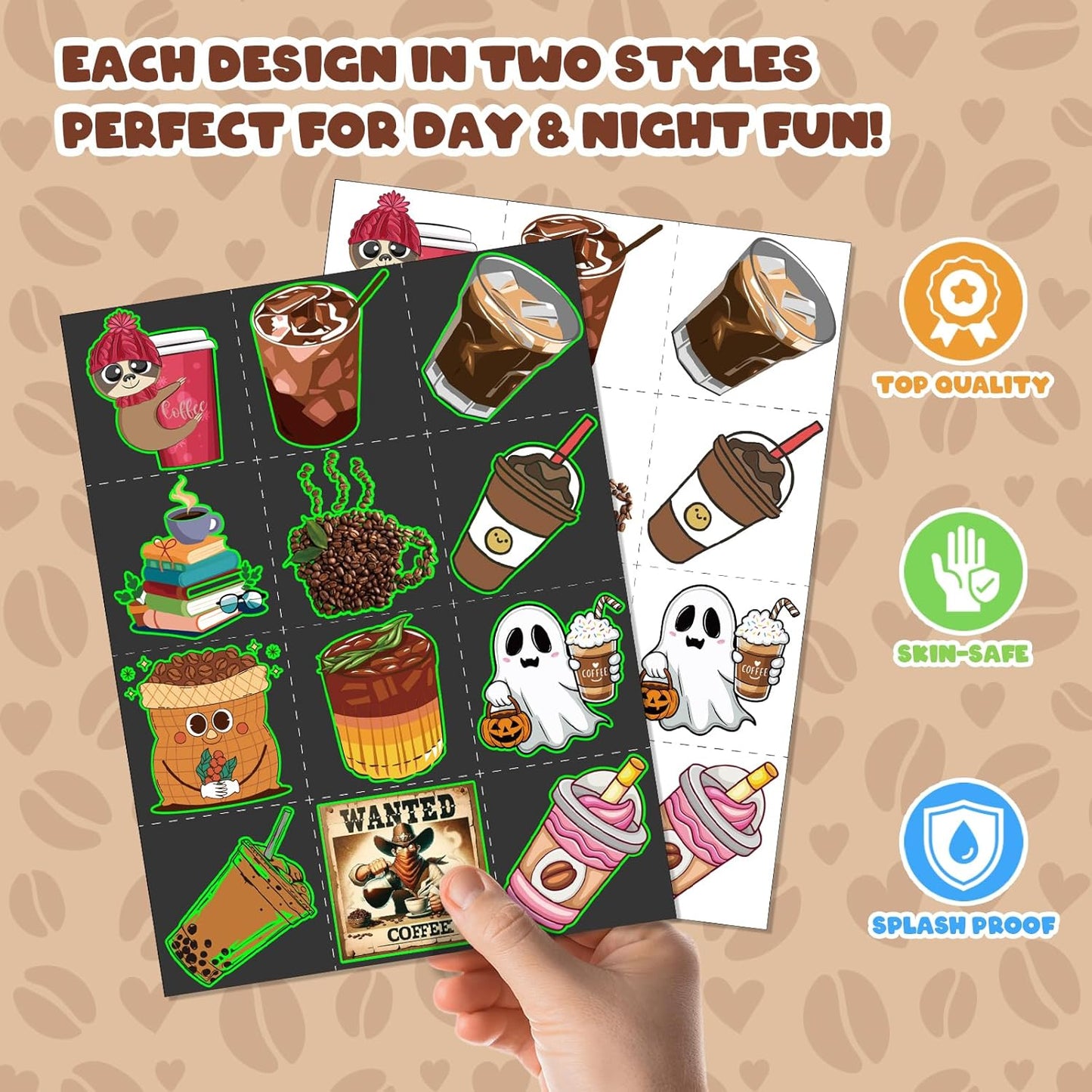 96 PCS Coffee Party Favors Set – 72 Pre-Cut Temporary Tattoos & 24 Slap Bracelets for Kids & Adults, Perfect for Coffee Lovers, Cafés, Birthday Parties & Classroom Rewards