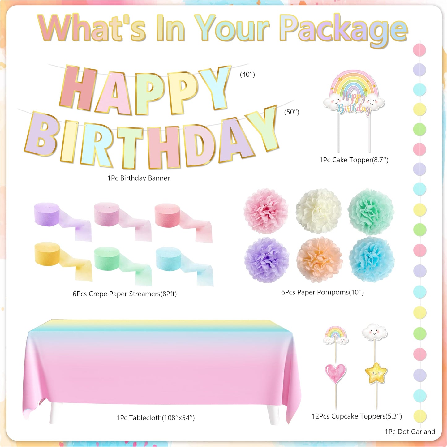 THAWAY Pastel Rainbow Birthday Decorations 182Pcs Rainbow Party Supplies