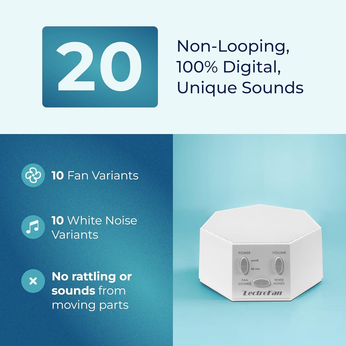 Adaptive Sound Technologies LectroFan Classic White Noise Machine - Compact Sleep Sound Machine for Bedroom, Travel, Study & More - 20 Non-Looping Fan & White Noise Variations