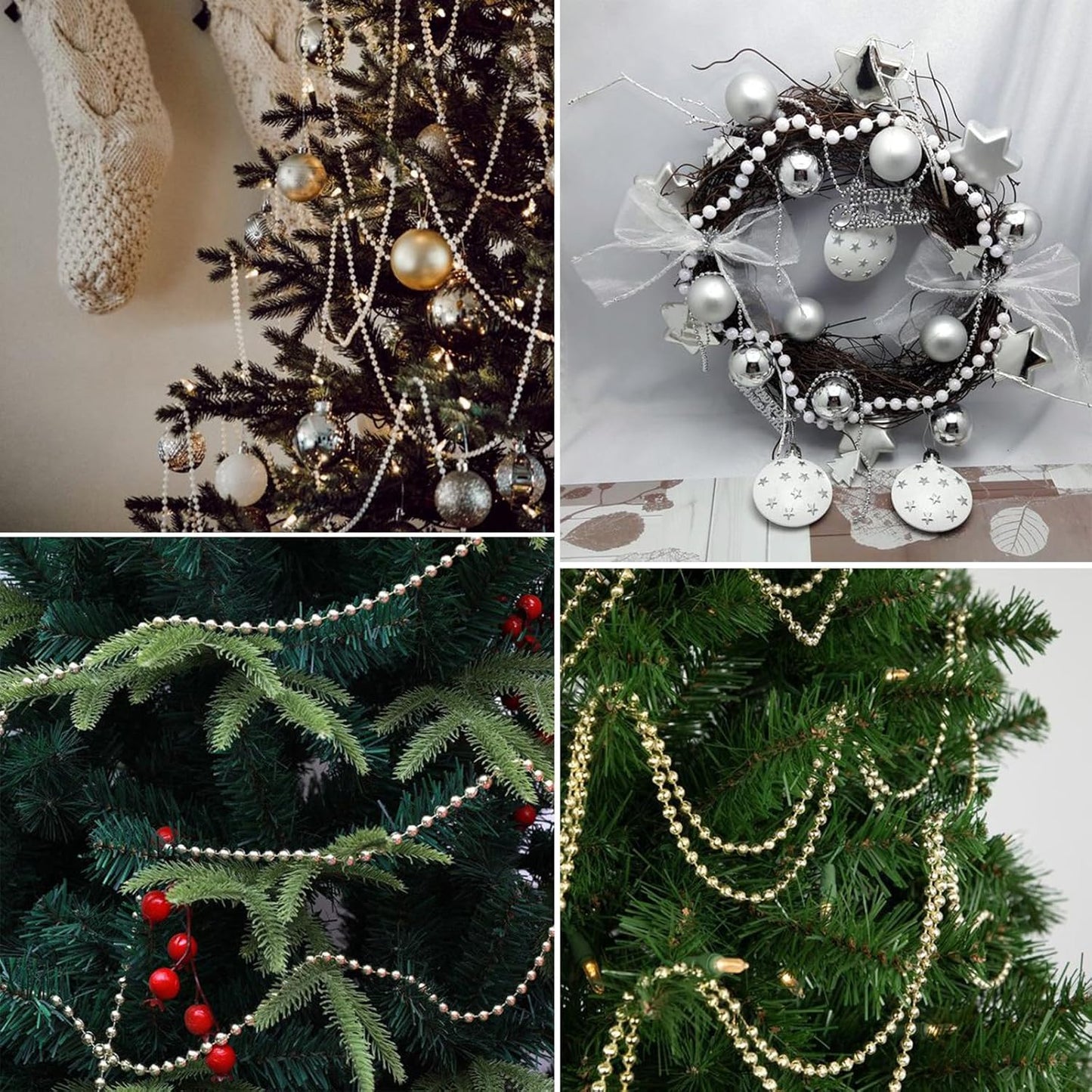 [66 Feet] Silver Pearl Beads Garland, 8MM 22 Yards Silver Faux Pearl Beads String Roll Bulk for DIY Craft Christmas Tree Wedding Party Decoration