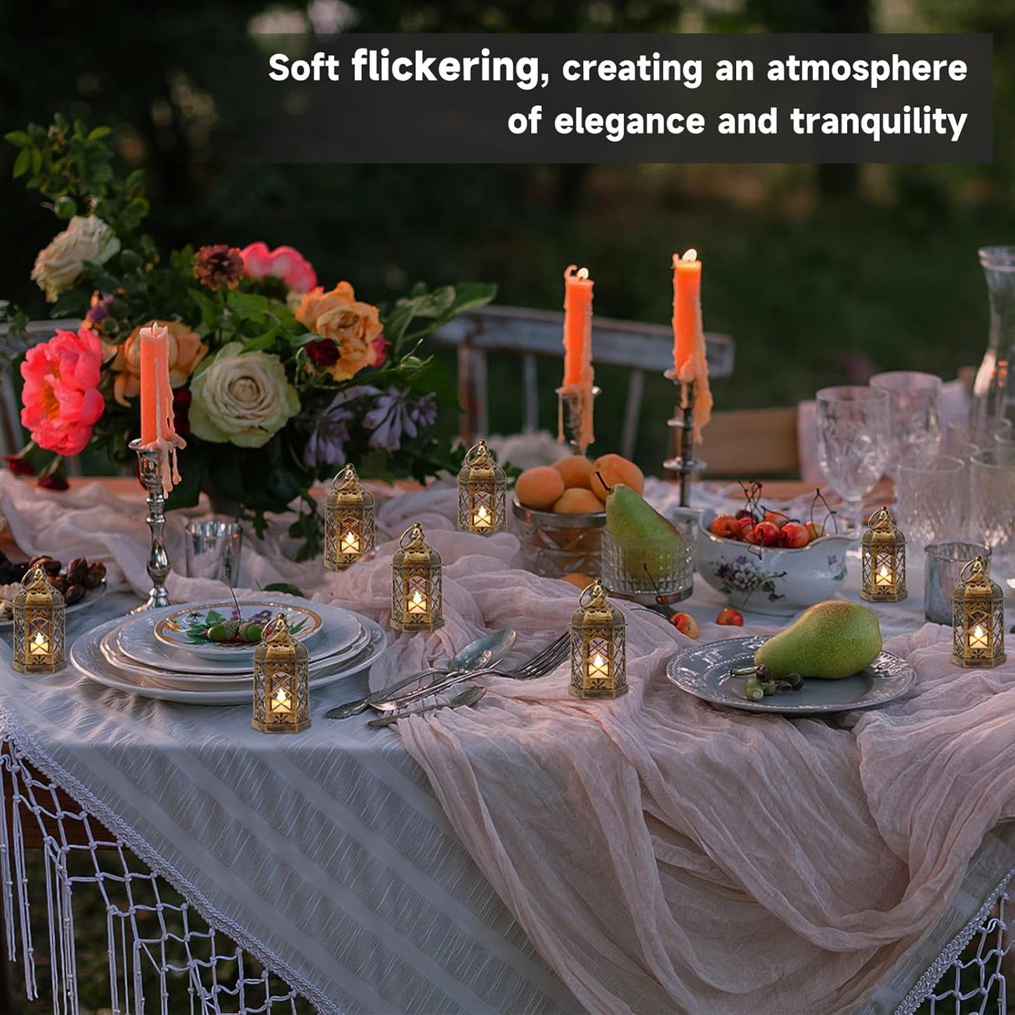 LLQ Mini Lantern with LED Candle, 12PCS Small Lanterns Decorative Indoor, Vintage Moroccan Lights for Halloween Decorations, Hanging Ornaments for Christmas, Table Centerpiece, Boho Wedding Decor