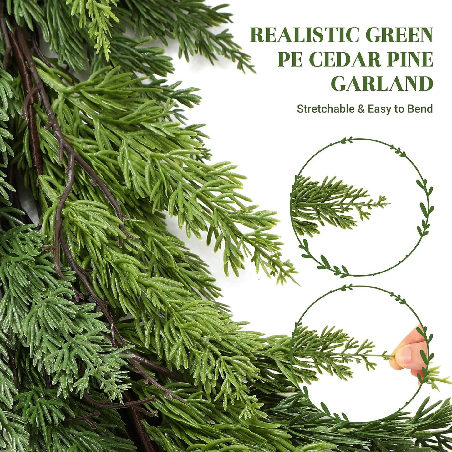 2PCS 9FT Artificial Christmas Garland, Cedar Garland -Real Touch Greenery Cypress Pine Garland for Mantle Table Railing Fireplace Indoor & Outdoor Christmas Decorations