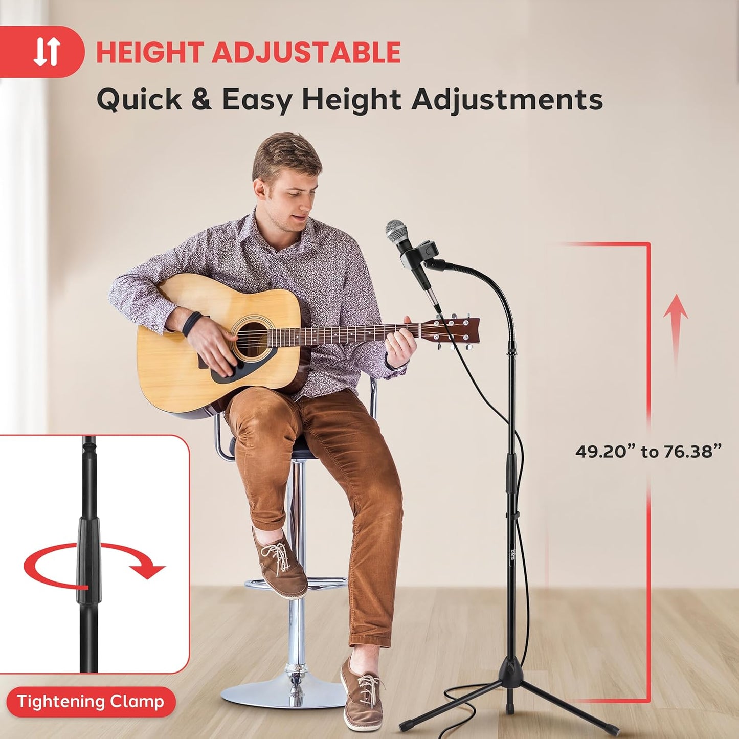 Pyle Tripod Mic Stand, Adjustable Gooseneck Microphone Stand, Sturdy Build, Non-Slip Rubber Feet, Folds Flat for Compact Storage, Includes Mic Clip & 5/8" Adapter, 52.36" to 79.13" Inch