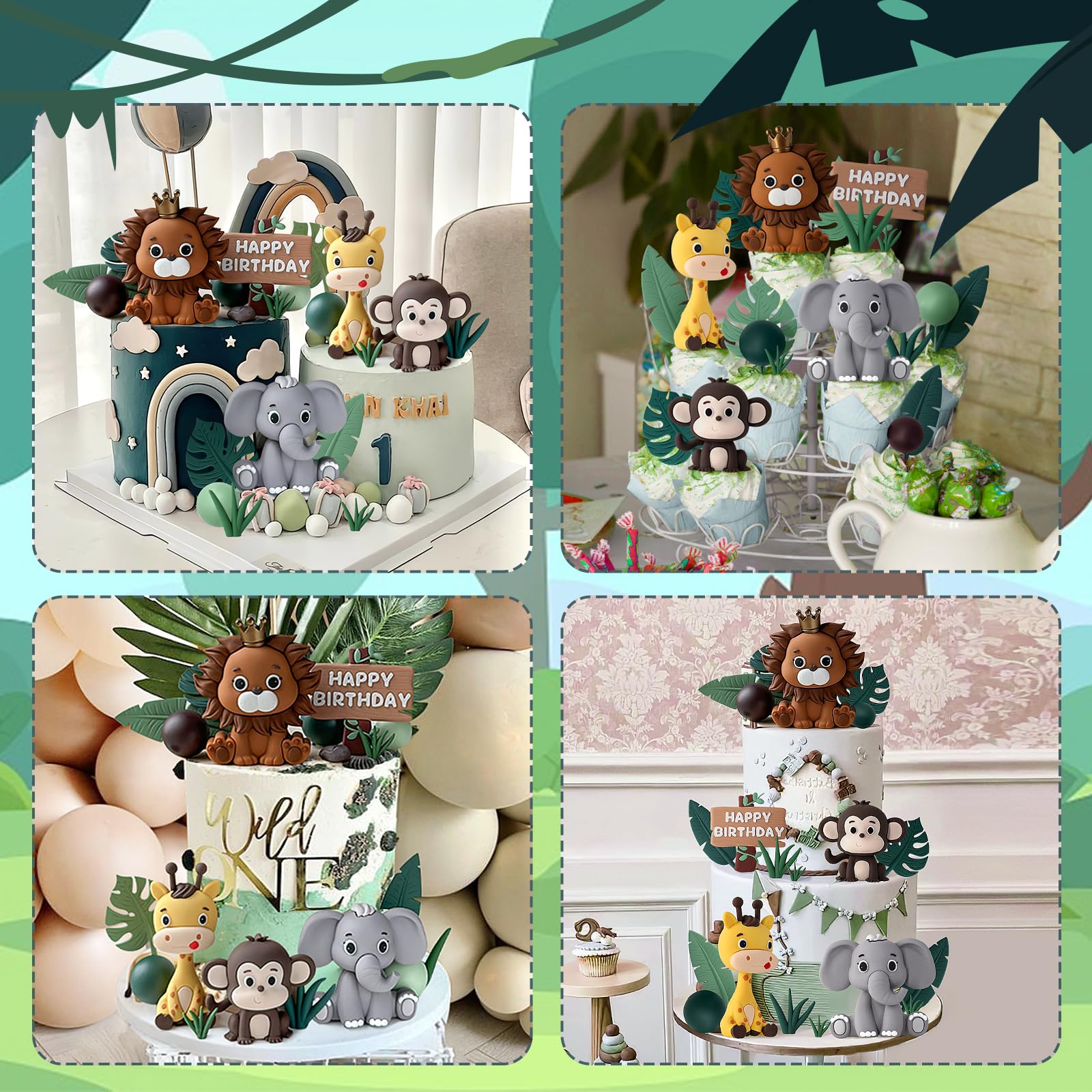 19pcs Safari Animal Cake Topper - Jungle Wild Cake Toppers with Leaves Balls Cake Decorations for
