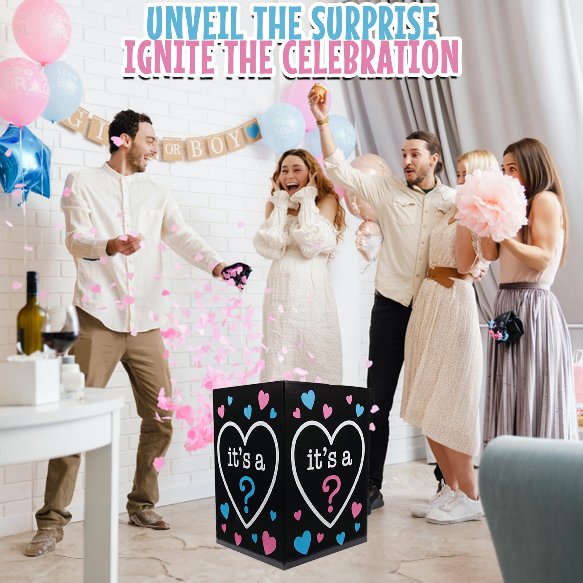 Fun Express Gender Reveal Balloon Box for Baby Shower Party - Premium 24 Inch Tall Black Cardboard