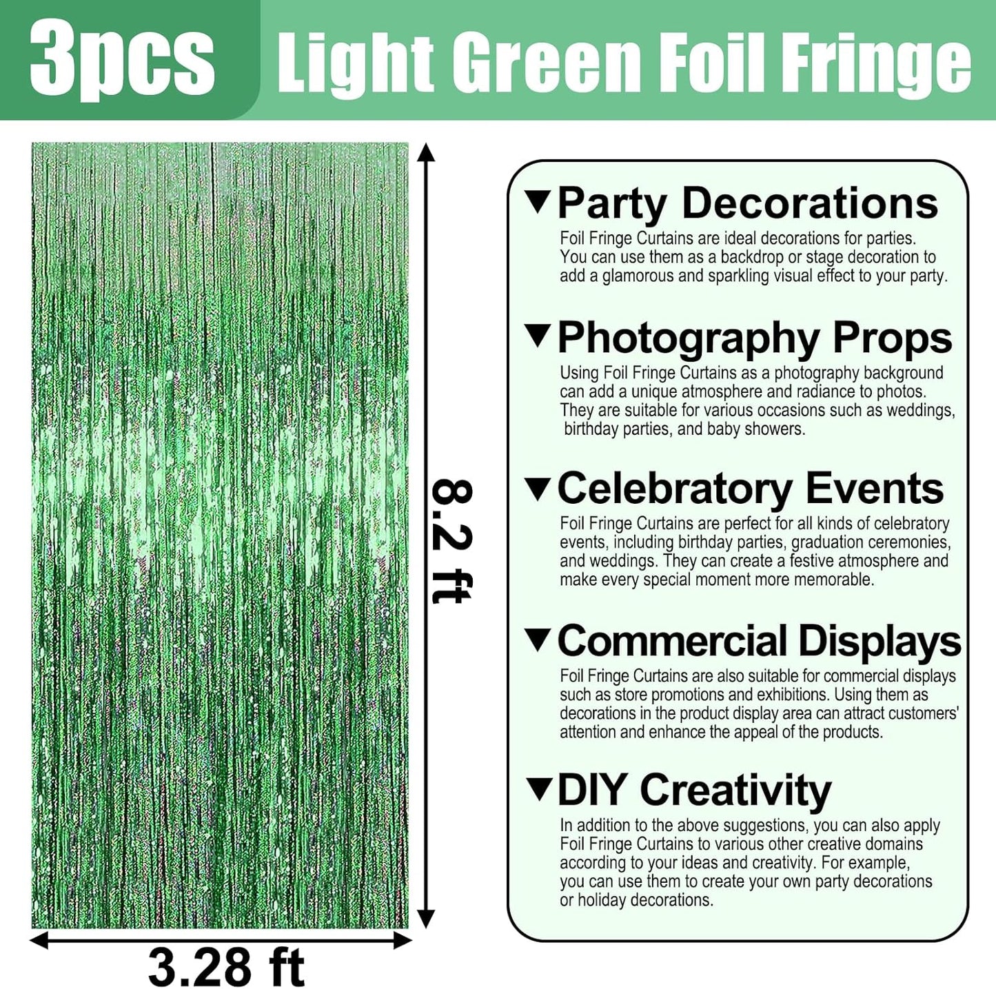 3 Pack Light Green Foil Fringe Curtain Backdrop, 3.28Ft x 8.2Ft Metallic Tinsel Foil Fringe Streamer Curtains for Photo Booth, Mother's Day, Easter, Birthday, Wedding Party Decorations