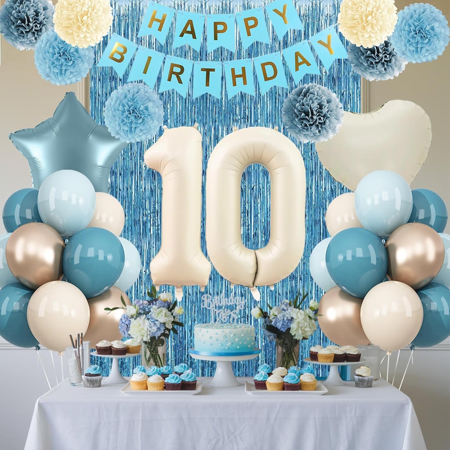 Dusty Blue 10th Birthday Party Decorations Boys Girls Beige Cream Number 10 Balloon with Blue Gold Happy Birthday Banner Fringe Curtain Paper Pom Poms Nude White Sand Champagne Star Foil Balloons