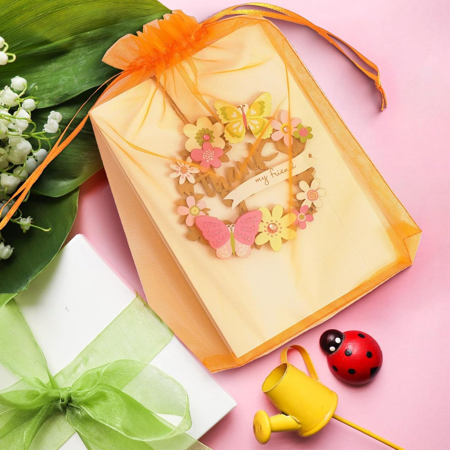 ANZNKU 50 Pack Premium Sheer Organza Bags 6x9 inches Mesh Bags Gift Drawstring for Halloween, Party, Wedding, Mesh, Festival, Makeup, Organza Favor Bag(Orange)