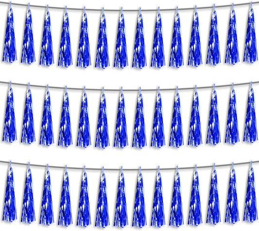 3P Blue Foil Fringe Metallic Tassel Streamers Banner Tassel Garland for Parade Floats, Bachelorette, Wedding, Birthday, Halloween, Christmas, Bridal/Baby Shower Party Decorations