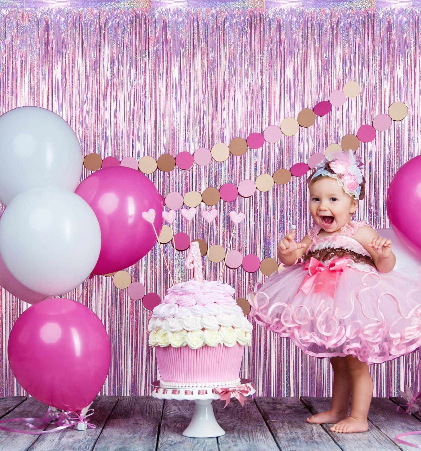 GOER 3.2 ft x 8.2 ft Metallic Tinsel Foil Fringe Curtains Party Photo Backdrop Party Streamers for Birthday,Graduation,New Year Eve Decorations Wedding Decor(4 Packs,Laser Pink)