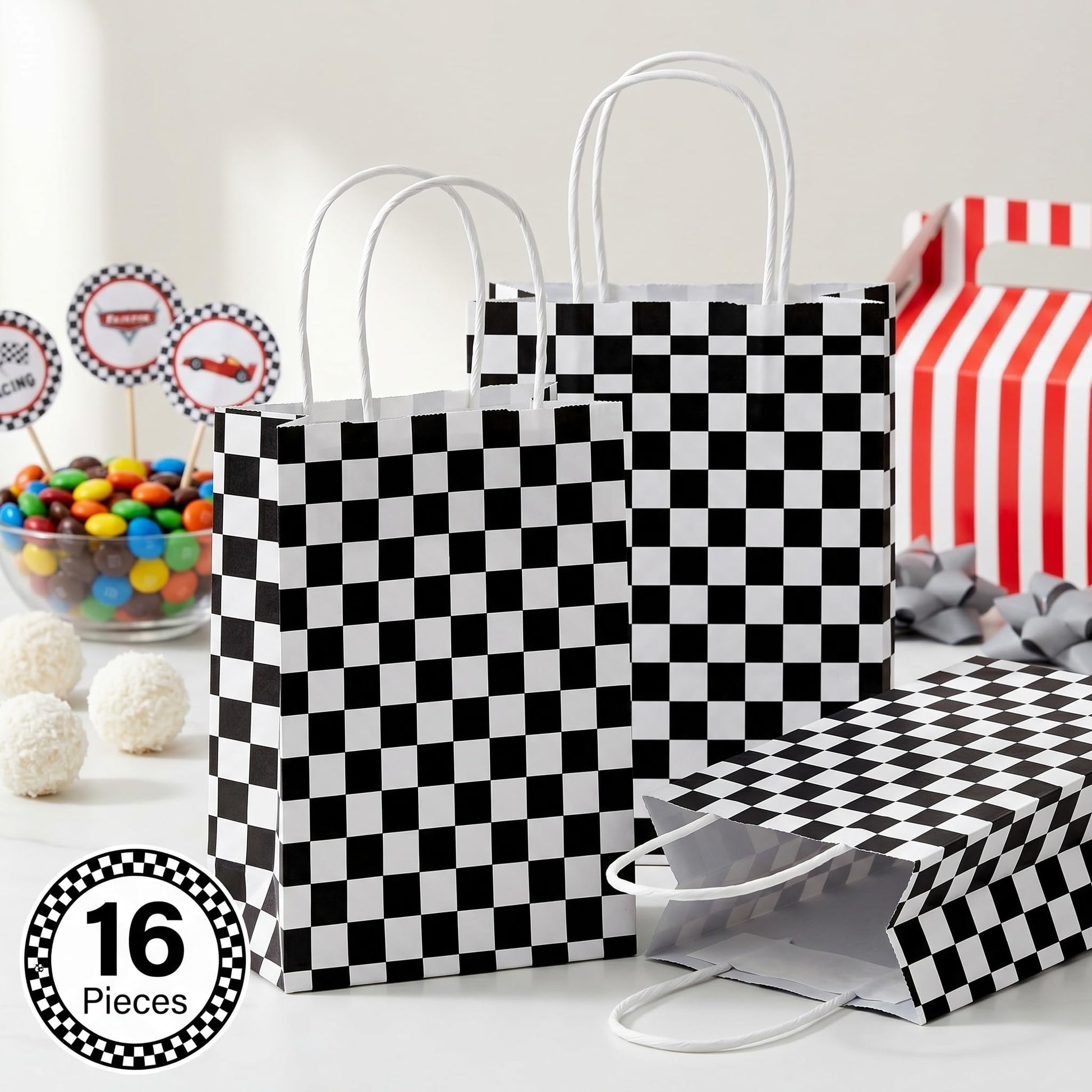 Epakh 16 Pcs Race Car Party Favor Bags, Checkered Flag Treat Bags