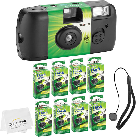 Fujifilm QuickSnap Flash 400 Disposable 35mm Camera + Hand Strap + Quality Photo Microfiber Cloth (8 Pack)