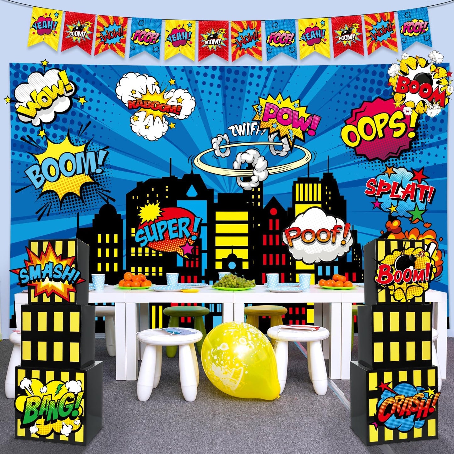 17Pcs Super Theme Hero Party Photography Backdrop for Hero Birthday Decorations with Hero