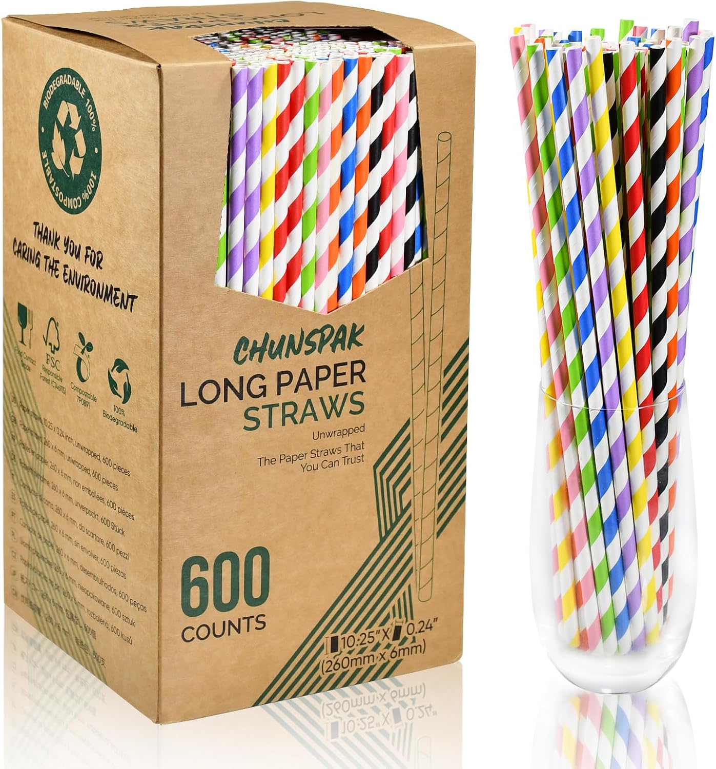 10 inch Long Disposable Paper Straws Bulk for Drinking - Unwrapped, 8 Assorted Colors [600 Counts]