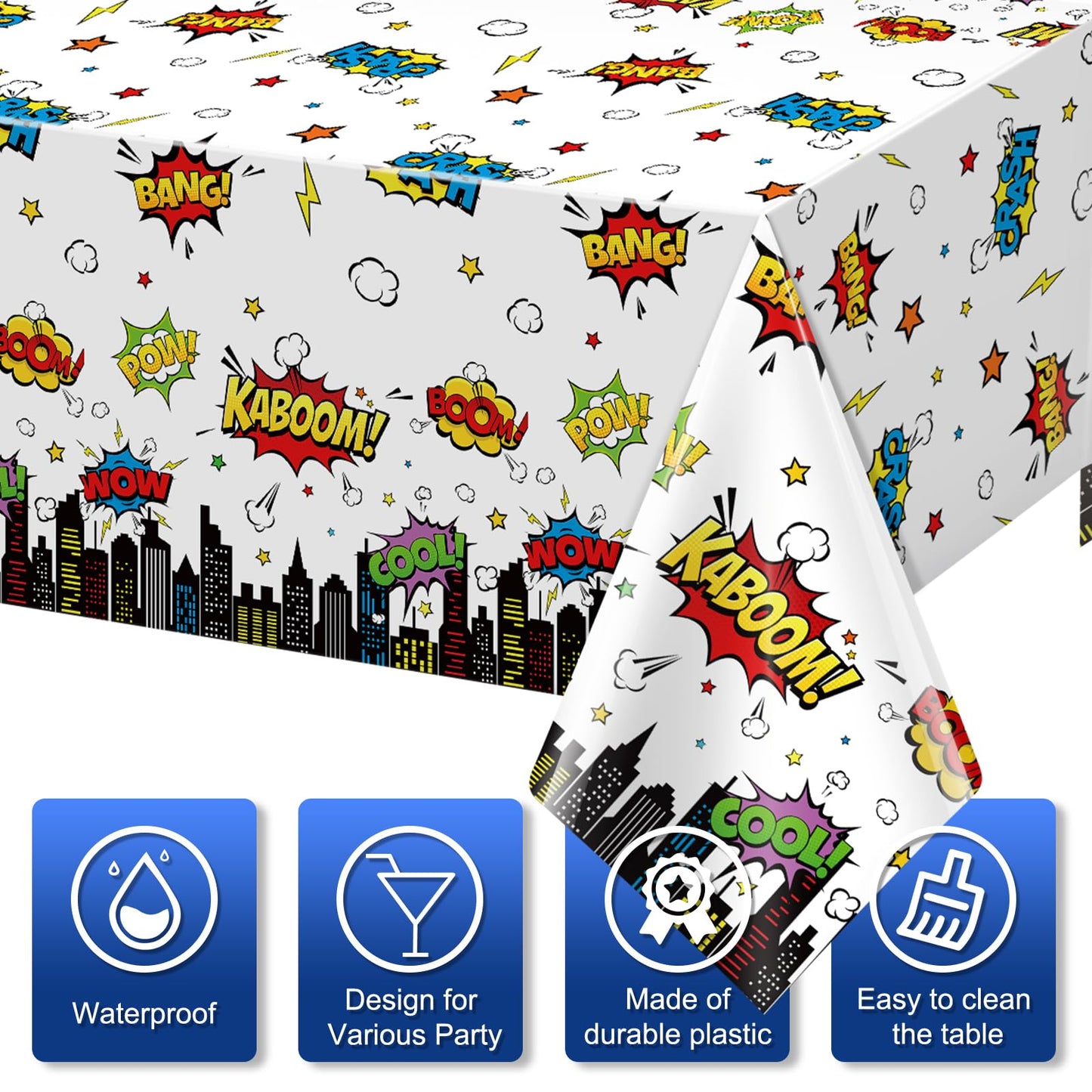 3Pcs Hero Themed Birthday Party Tablecloths Decorations,White Cityscape Super Bang Plastic Table