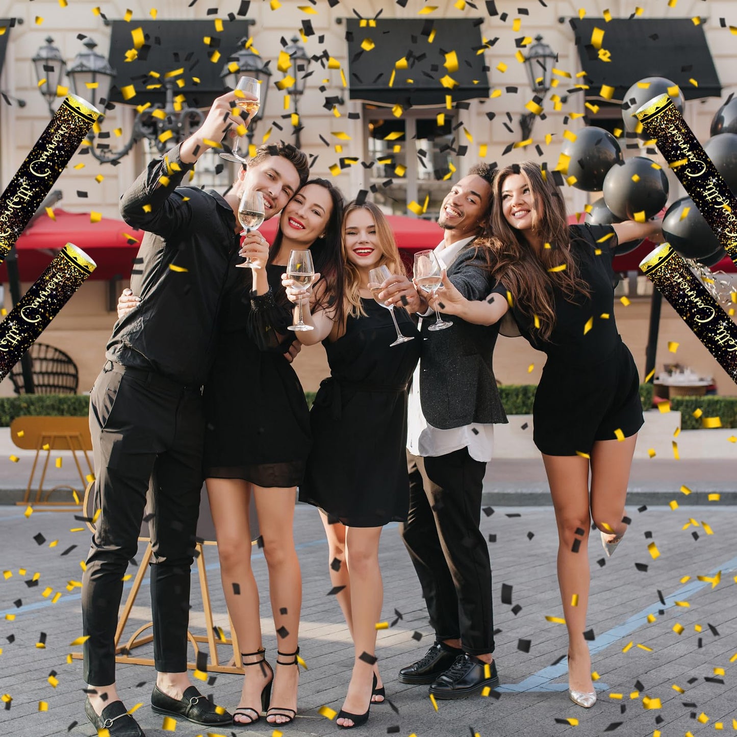 Klyroish 12" Black and Gold Confetti Cannon Party Poppers - 2 Pack