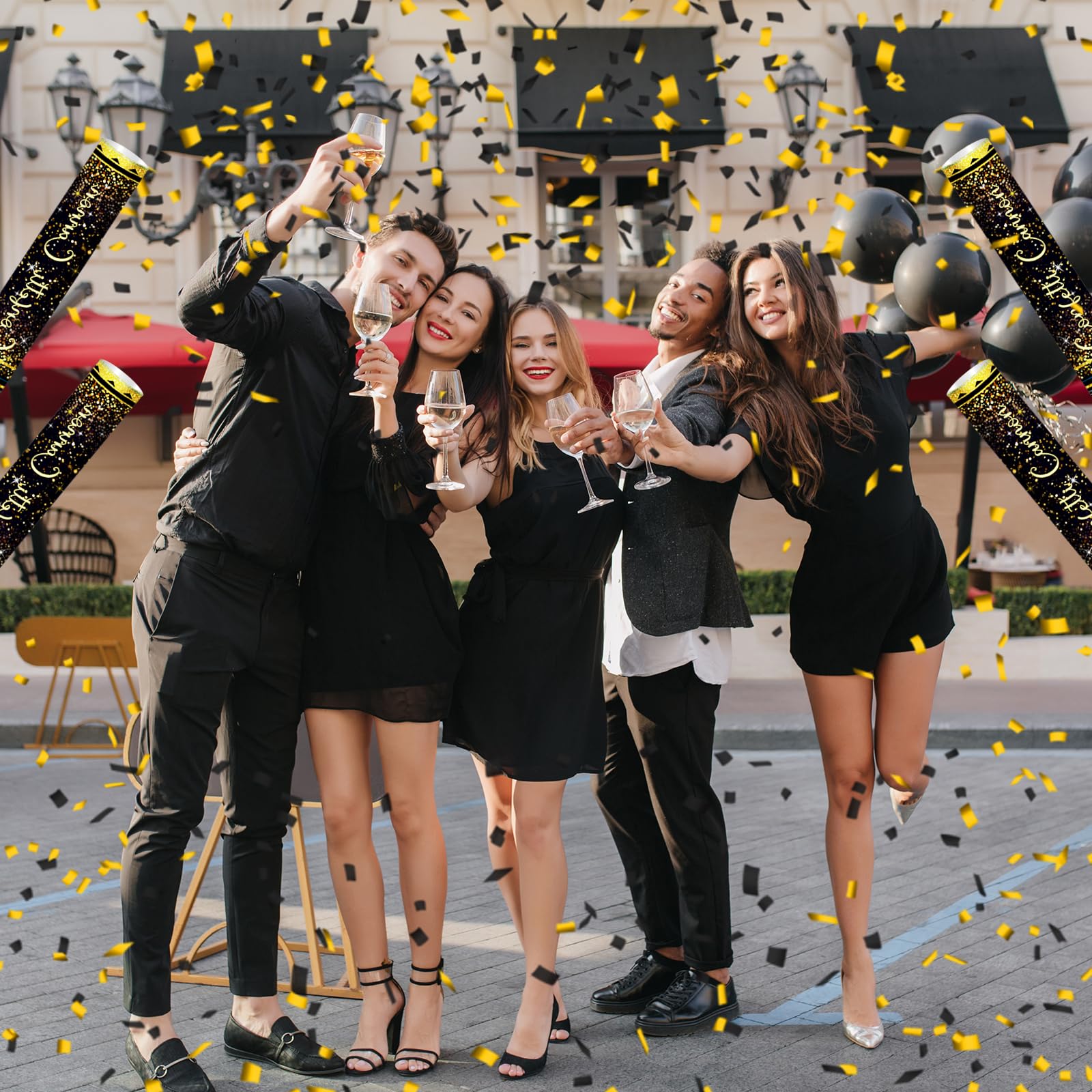 Klyroish 12" Black and Gold Confetti Cannon Party Poppers - 2 Pack