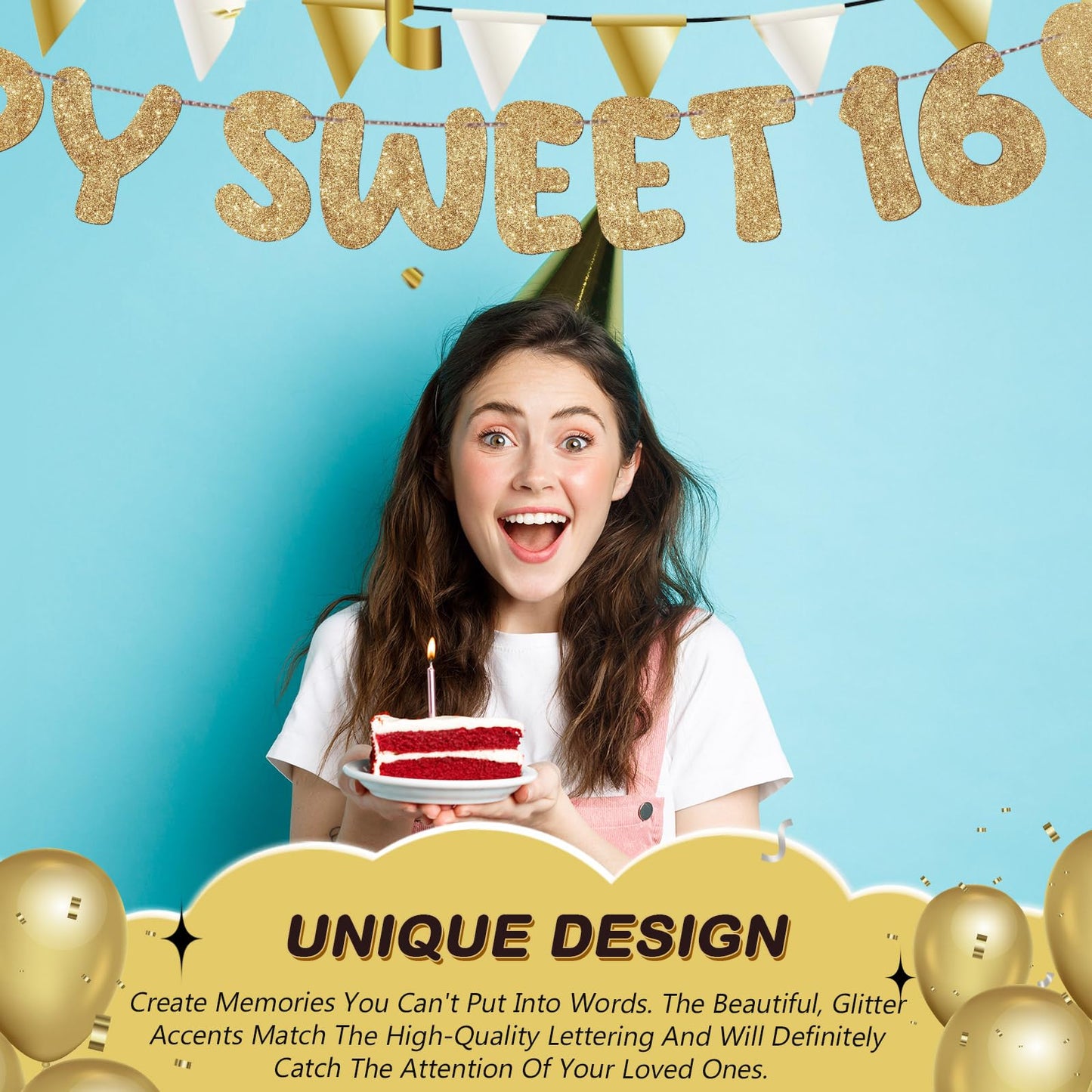 Fulmoon Happy Sweet 16 Banner Sixteenth Birthday,Champagne Gold