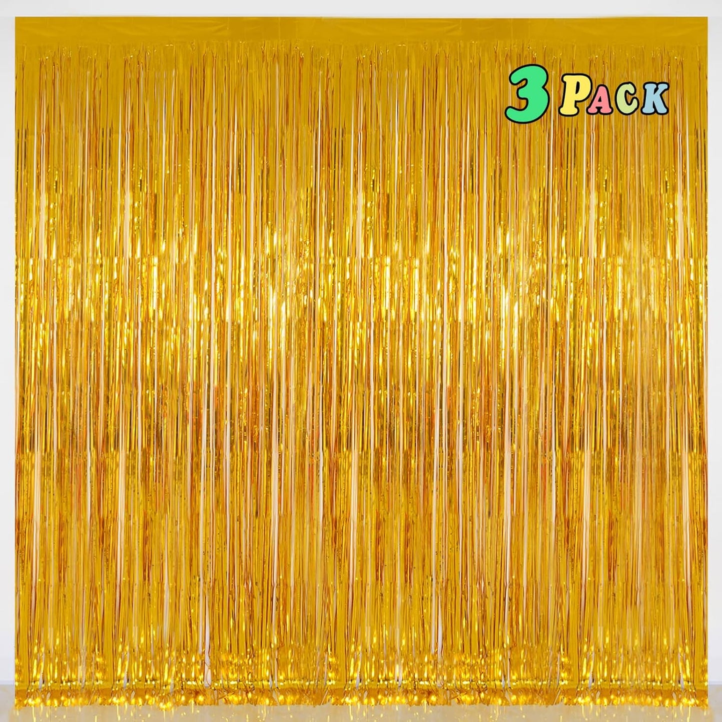 Foil Fringe Curtains Party Decorations - Melsan 3 Pack 3.2 x 8.2 ft Tinsel Curtain Party Photo Backdrop for Birthday Party Baby Shower or Graduation Decorations (Pure Gold)
