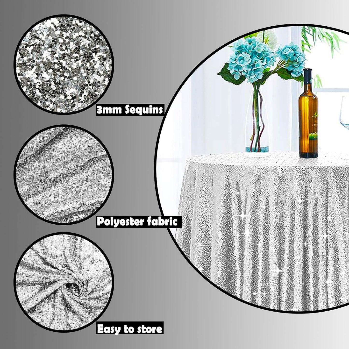 6 Pcs Silver Sequin Tablecloth 50Inch Silver Round Tablecloth Overlay Round Table Cloth Silvers Glitter Tablecloth Round Sparkly Drape Tables Cloth for Wedding Party Cake Holiday Banquet