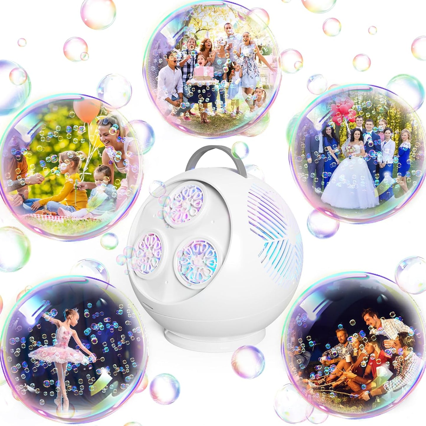 Bubble Machine Automatic Bubble Blower for Kids Toddlers Rechargeable Portable Spherical LED Bubble Maker Electric Auto Rotating 45°/360° Outdoor Toy Birthday Party Wedding (Spherical White)