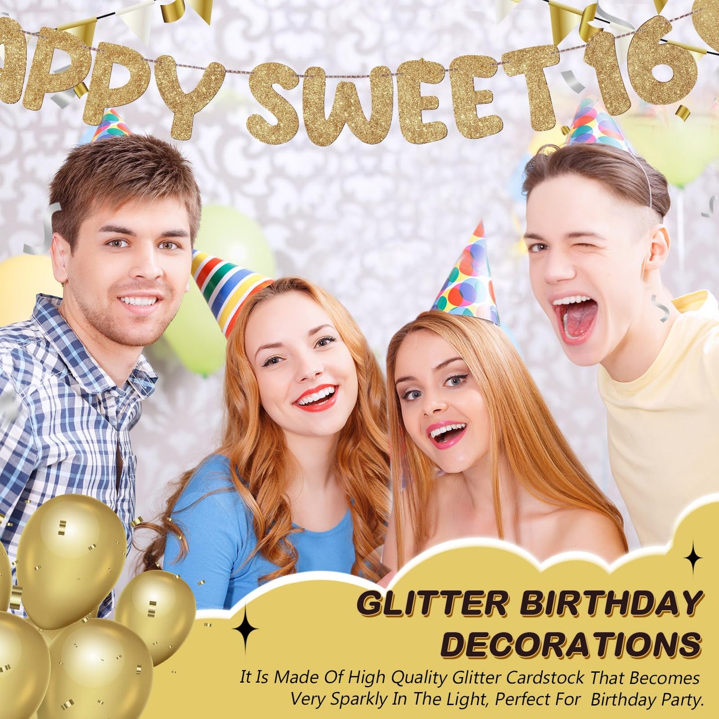 Fulmoon Happy Sweet 16 Banner Sixteenth Birthday,Champagne Gold