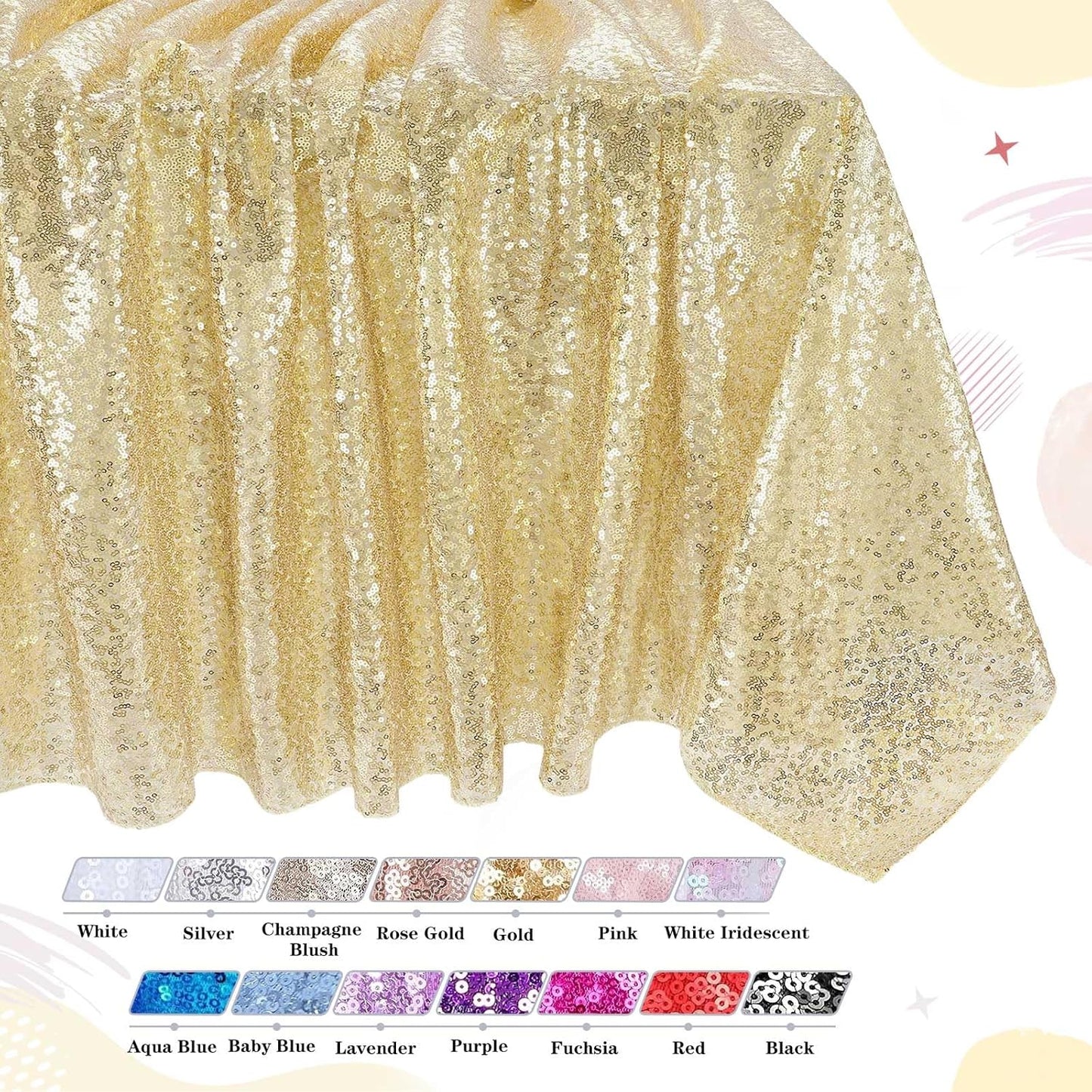 QueenDream Light Gold Party Decorations Sequin Tablecloth: Glitter Overlay 90x90 Inch Table Drapes for Banquet Wedding Theme Party Planners