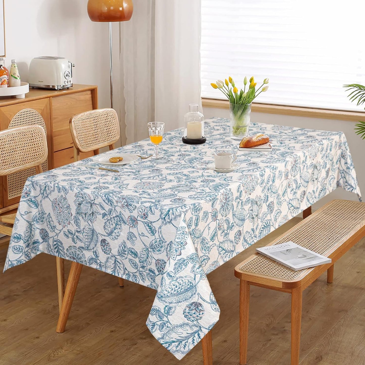 MYSKY HOME Waterproof Tablecloth Rectangle 60x102 Inch Rustic Burlap Tablecloth Spring Floral Linen Table Cover Farmhouse Decoration Rectangle/Oblong for Holiday, Dinner, Indoor and Outdoor Use, Blue