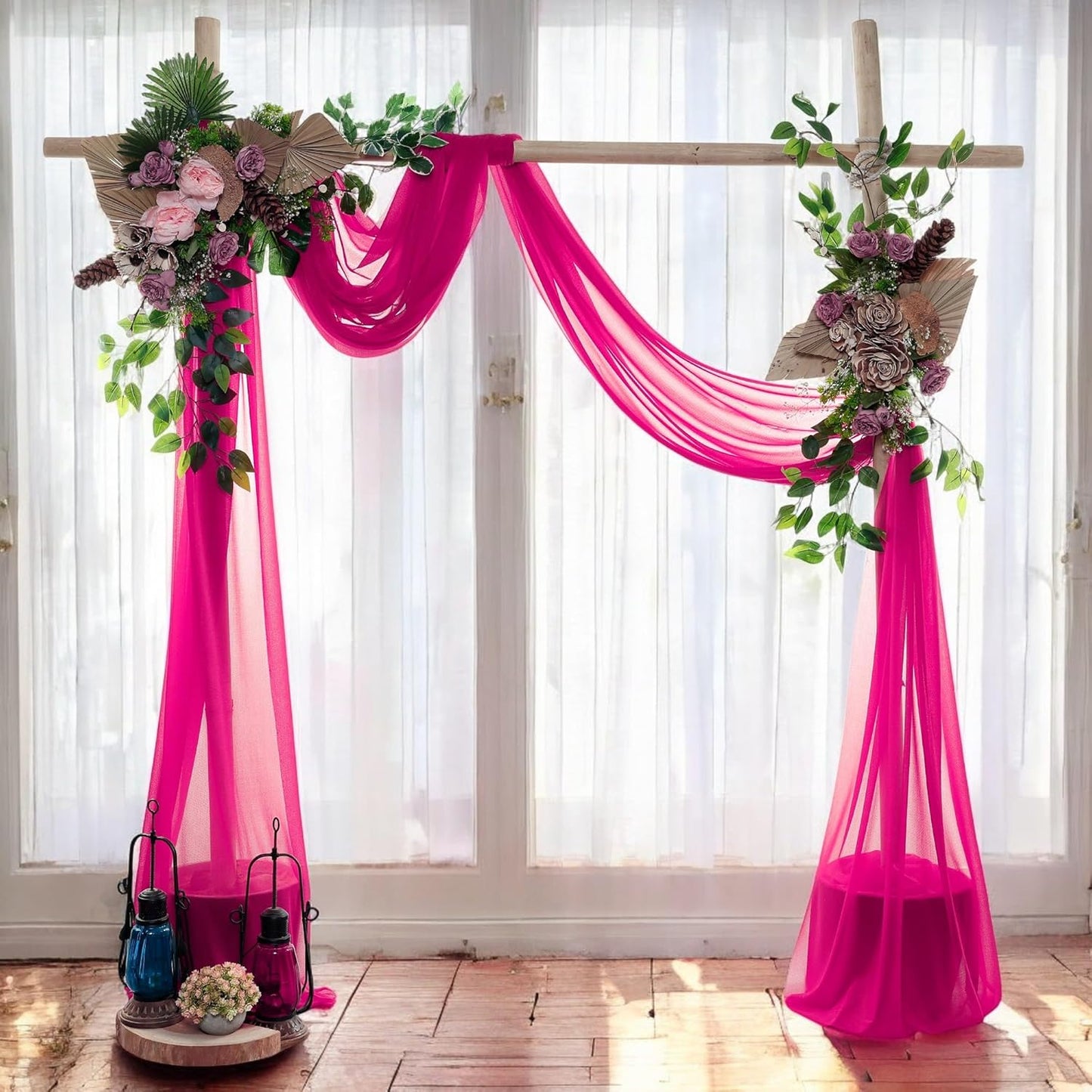 MDS Halloween Chiffon Draping Fabric - 2 Panel, 30" Wide x 100ft Long - Sheer Spooky Arbor & Canopy Drapery for Haunted House Backdrops, Party Ceilings, DIY Costumes & Themed Events - Hot Pink