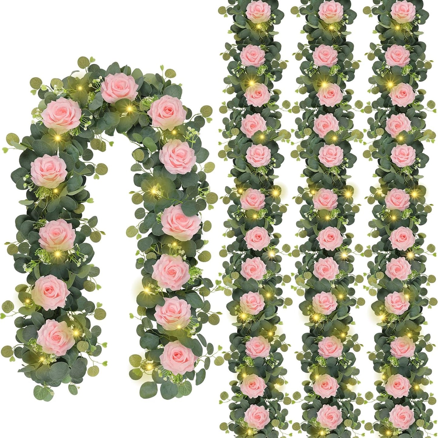 MACTING 4 Pack 26.4FT Eucalyptus Garland with Lights - Spring Gypsophila Flower Garlands with 48 Pink Roses Artificial Floral Greenery Vines for Arch Table Centerpieces Backdrop Party Wedding Decor