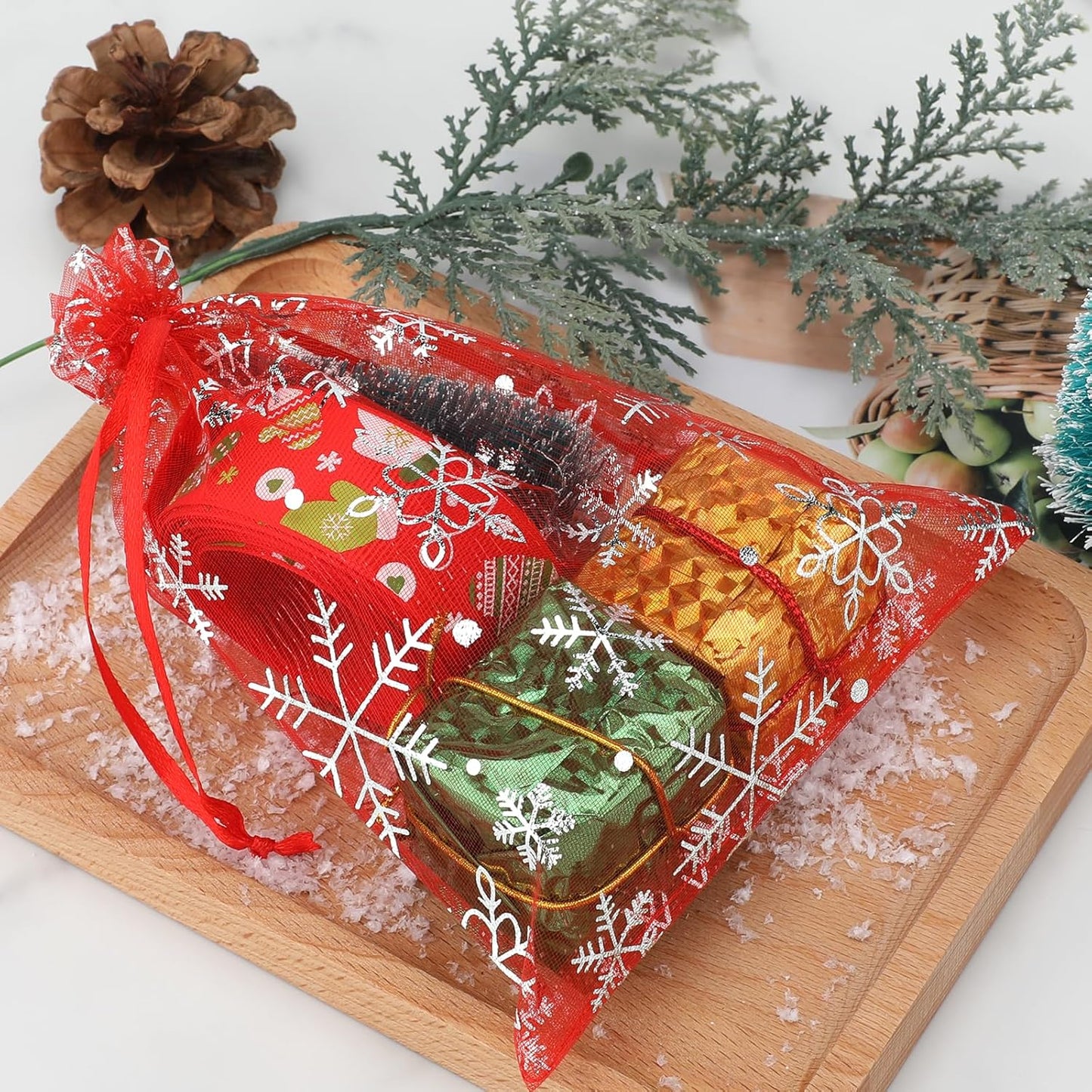 jijAcraft 5x7 Inch Christmas Organza Bags - 50Pcs Red Snowflake Gift Bags with Drawstring, Xmas Party Favor Sheer Mesh Pouches for Winter Gift, Candy, Jewelry Bag