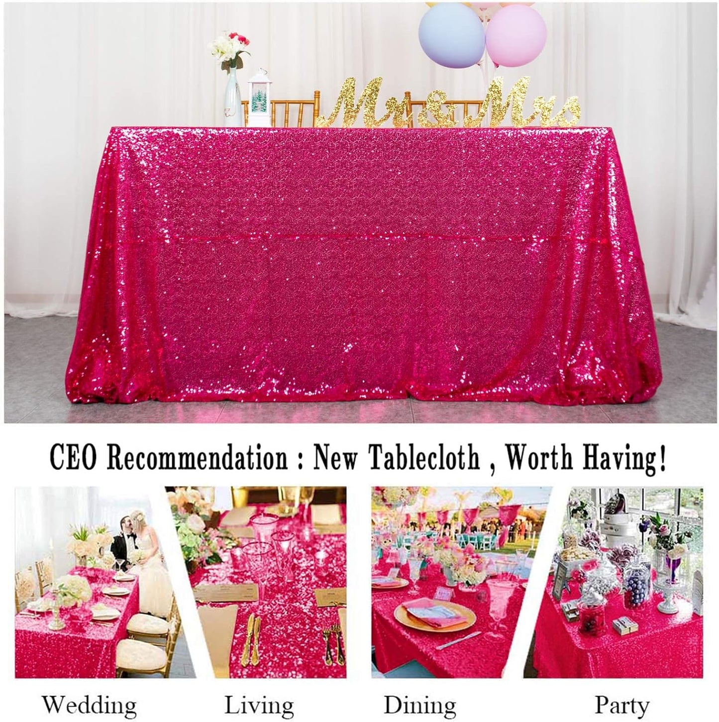 ShinyBeauty Sequin Tablecloth 72x72-Inch Hot Pink Square Sequin Table Cover Glitter Table Cloth for Parties Fuchsia Sparkly Linens for Weddings Bridal Shower Birthday Party Event Decor