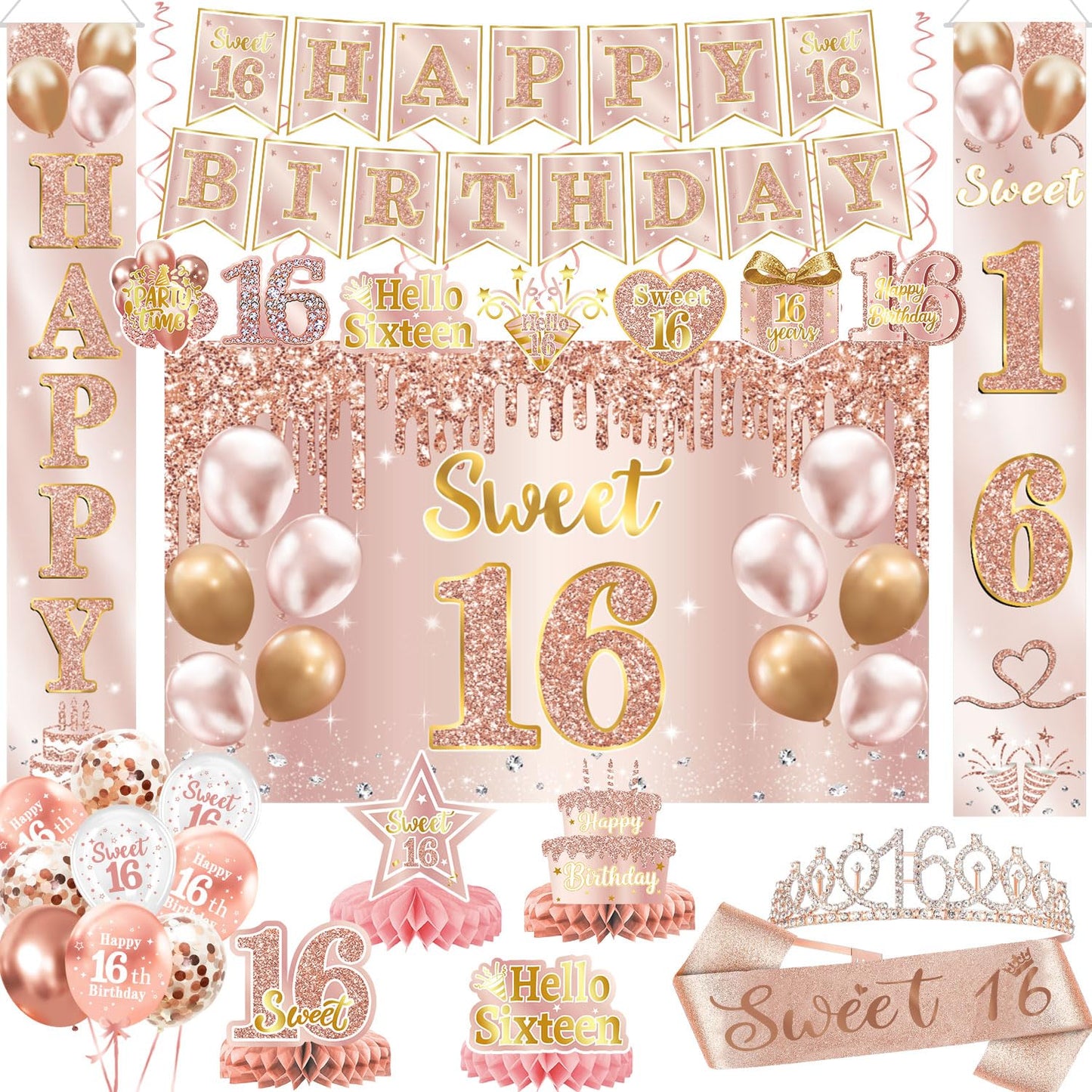 Sweet 16 Party Decorations – 16th Birthday Decorations Backdrop, Banner, Honeycomb Centerpieces