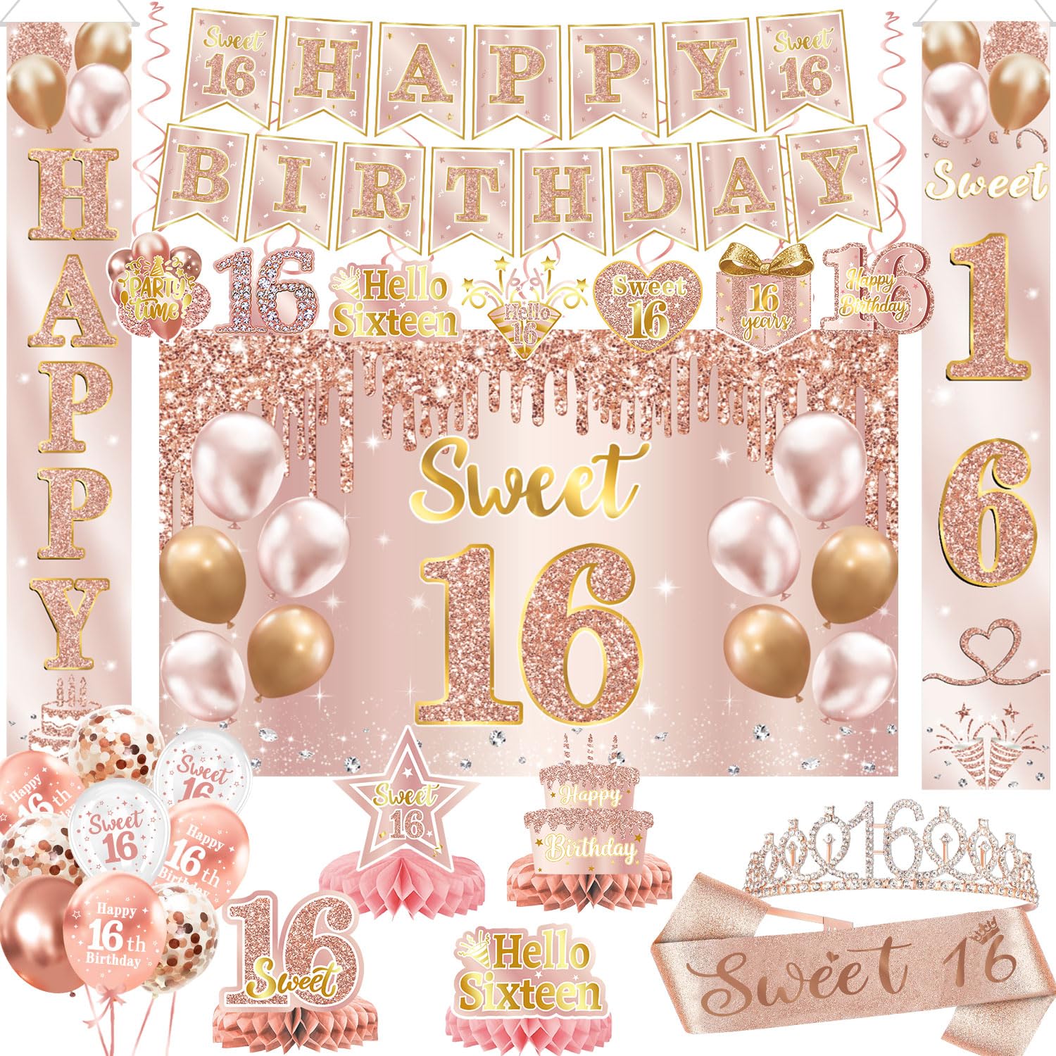 Sweet 16 Party Decorations – 16th Birthday Decorations Backdrop, Banner, Honeycomb Centerpieces