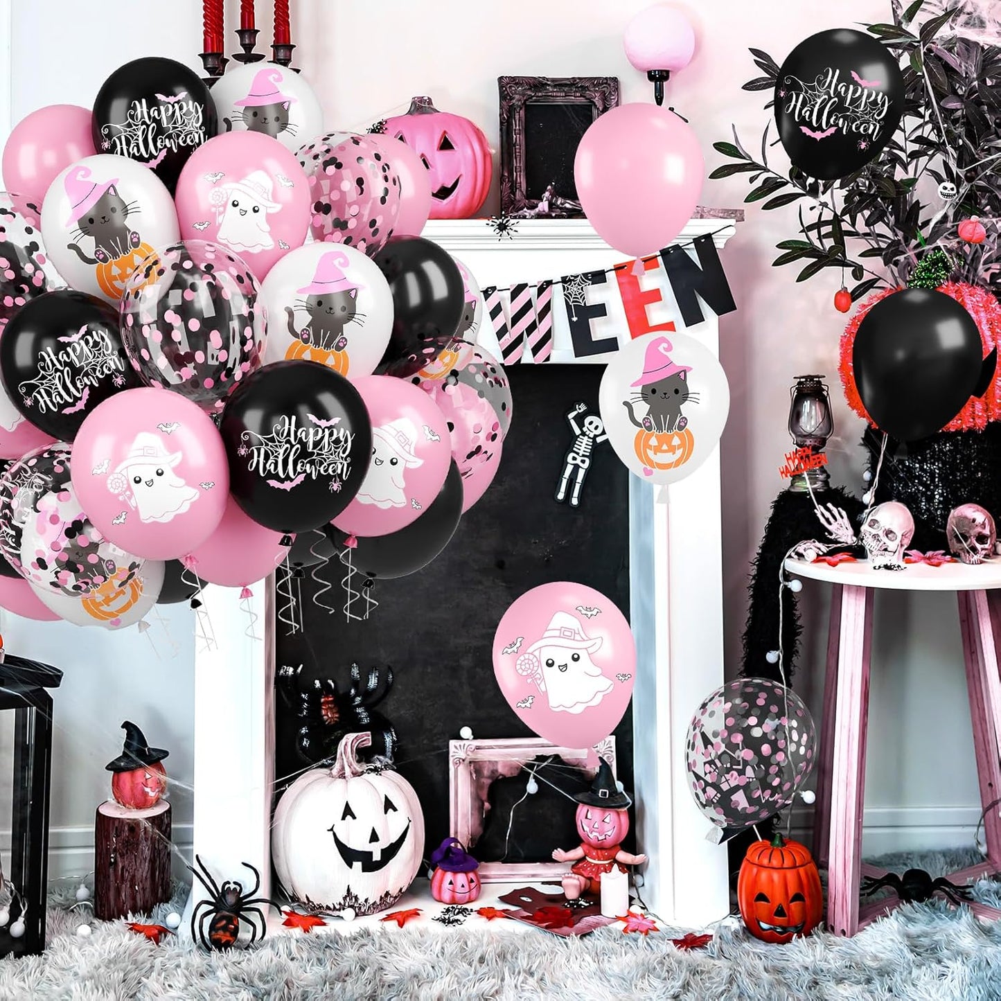 Halloween Balloons, 52 PCS Pink Black Halloween Balloons with Pumpkin Cat, Ghost Printed Balloon, Pink Black Confetti Latex Balloon for Ghost Party Decorations