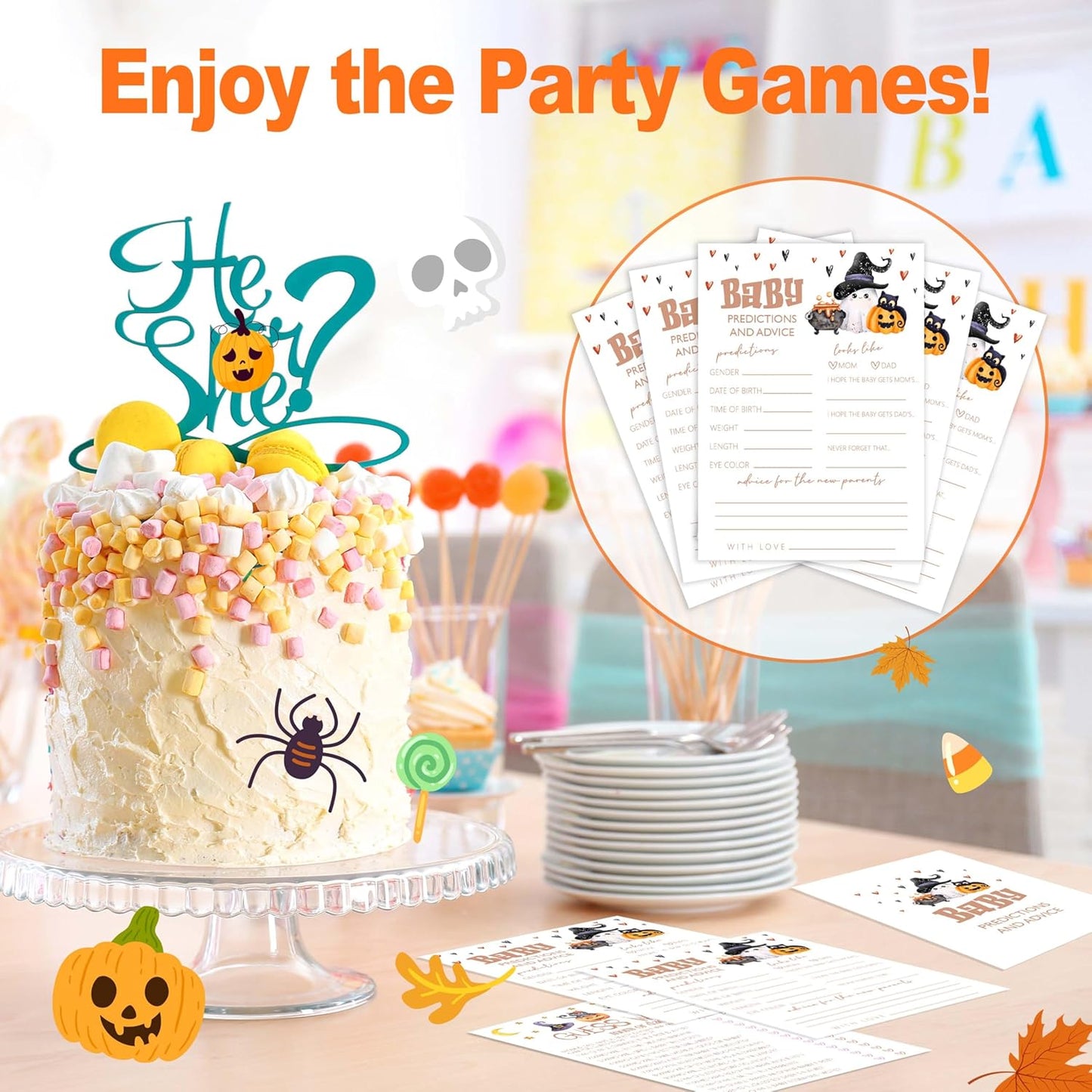 Baby Shower Games, Halloween Baby Predictions and Advice Cards, 25 Double-Sided Game Cards for Gender Reveal Party Decorations Supplies Announcement - B02