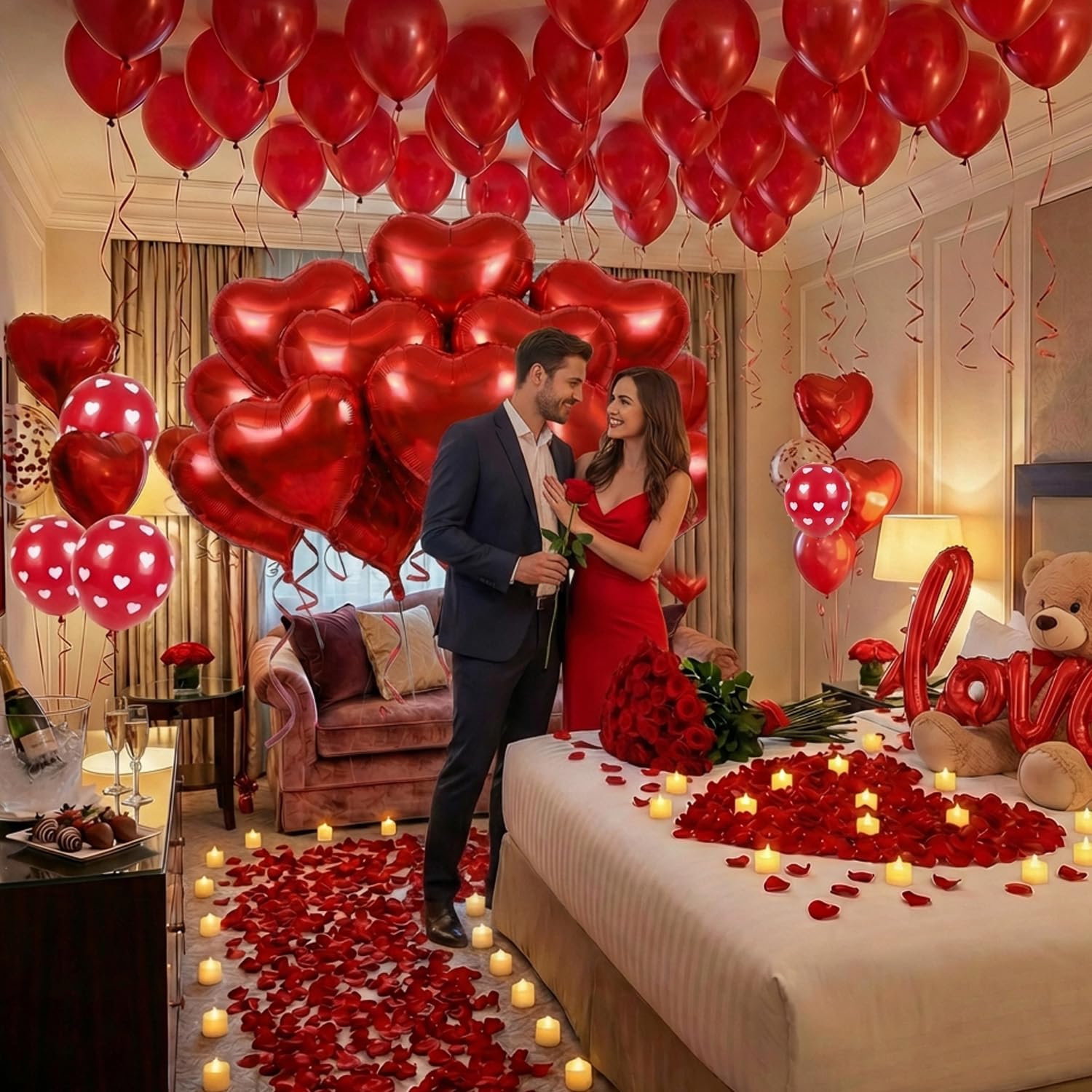 Valentine’s Day Decorations Set – Red Heart Balloon Kit with LOVE Foil, LED Candle Lights & Rose