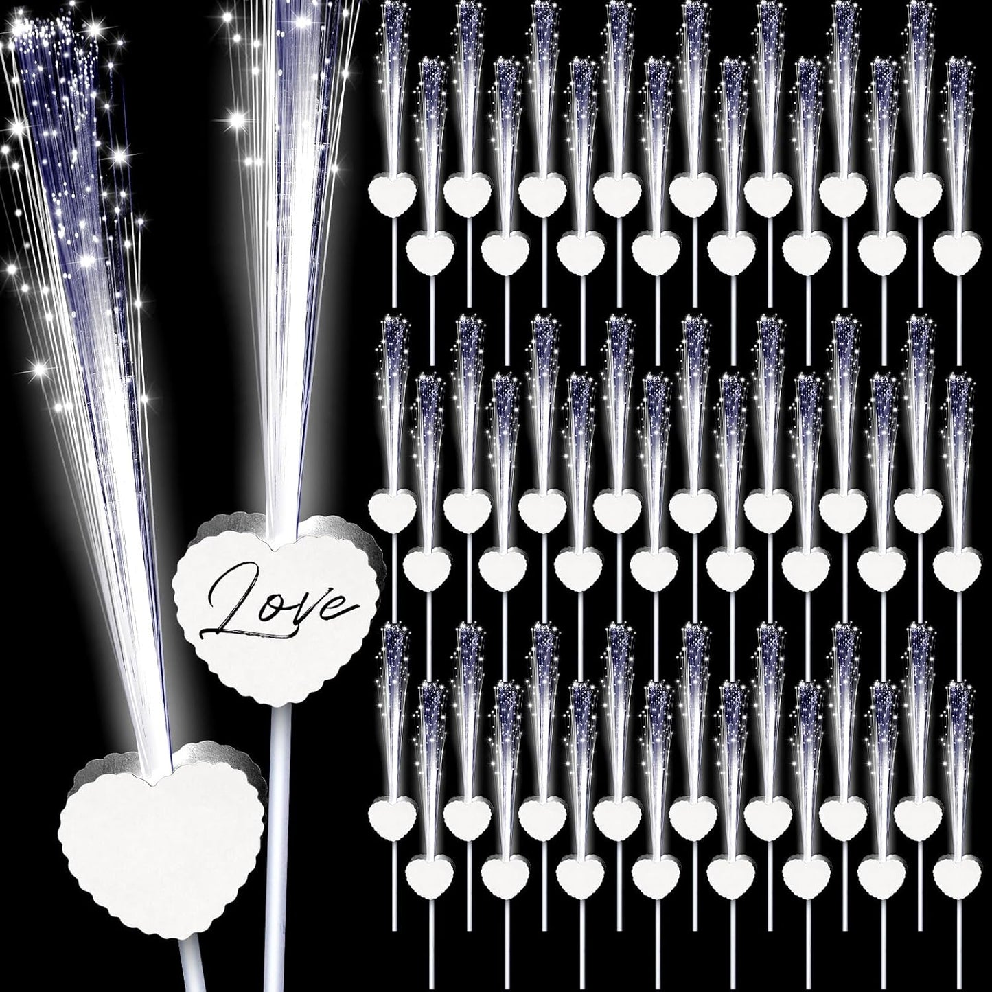 50 Pcs Wedding Sparklers Heart Shaped LED Glow Sticks Fiber Optic Wands Light up Wand with 3 Light Mode for Wedding Bridal Shower Birthday Glow in The Dark Party Supplies (White)